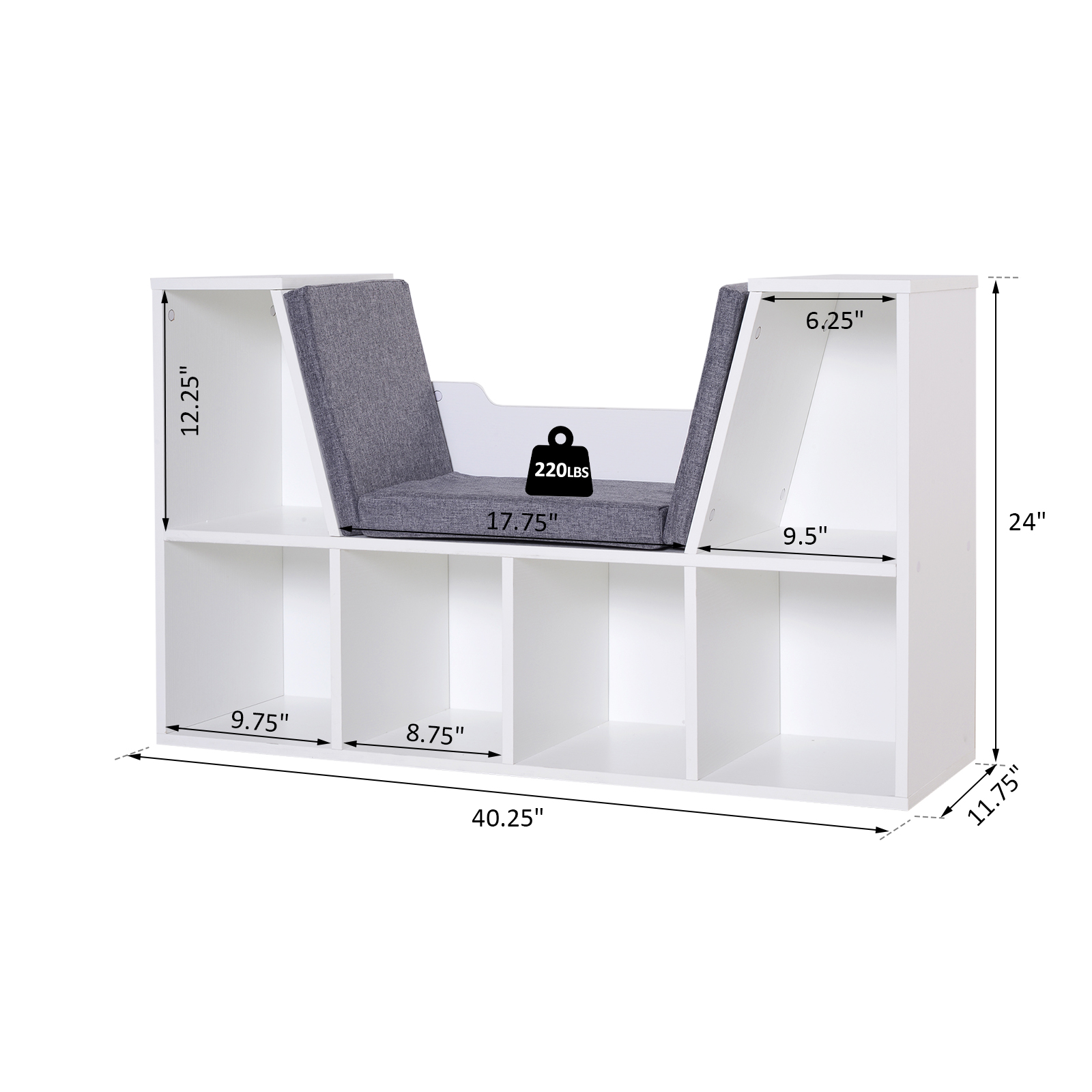 HOMCOM 6-Cubby Kids Bookcase With Cushioned Seat Reading Nook Multi-Purpose Storage Organizer Cabinet Shelf, White Grey , Aosom Canada