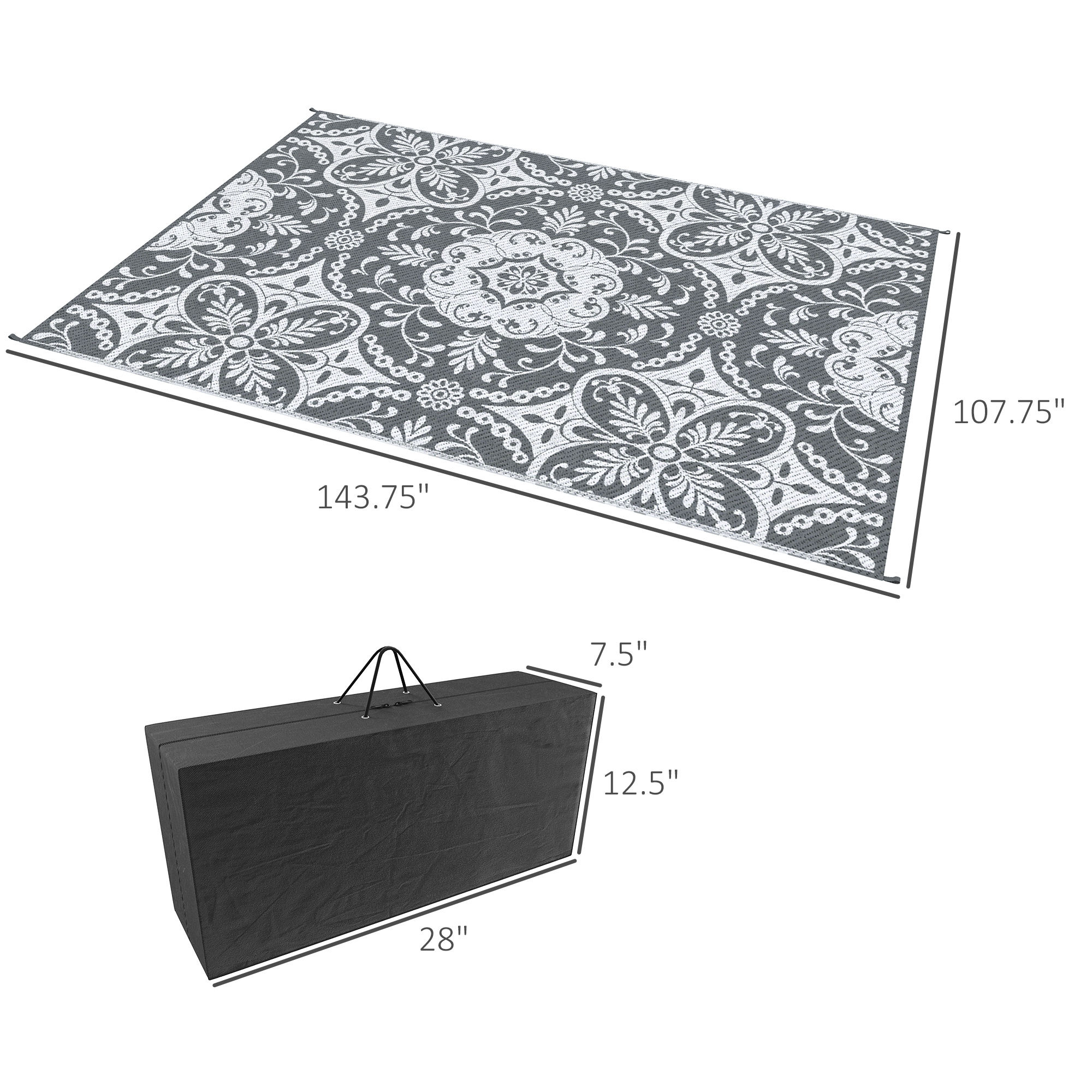 Outsunny 9' X 12'  RV Outdoor Rugs / RV Outdoor Carpet With Carrying Bag, Gray & White Floral