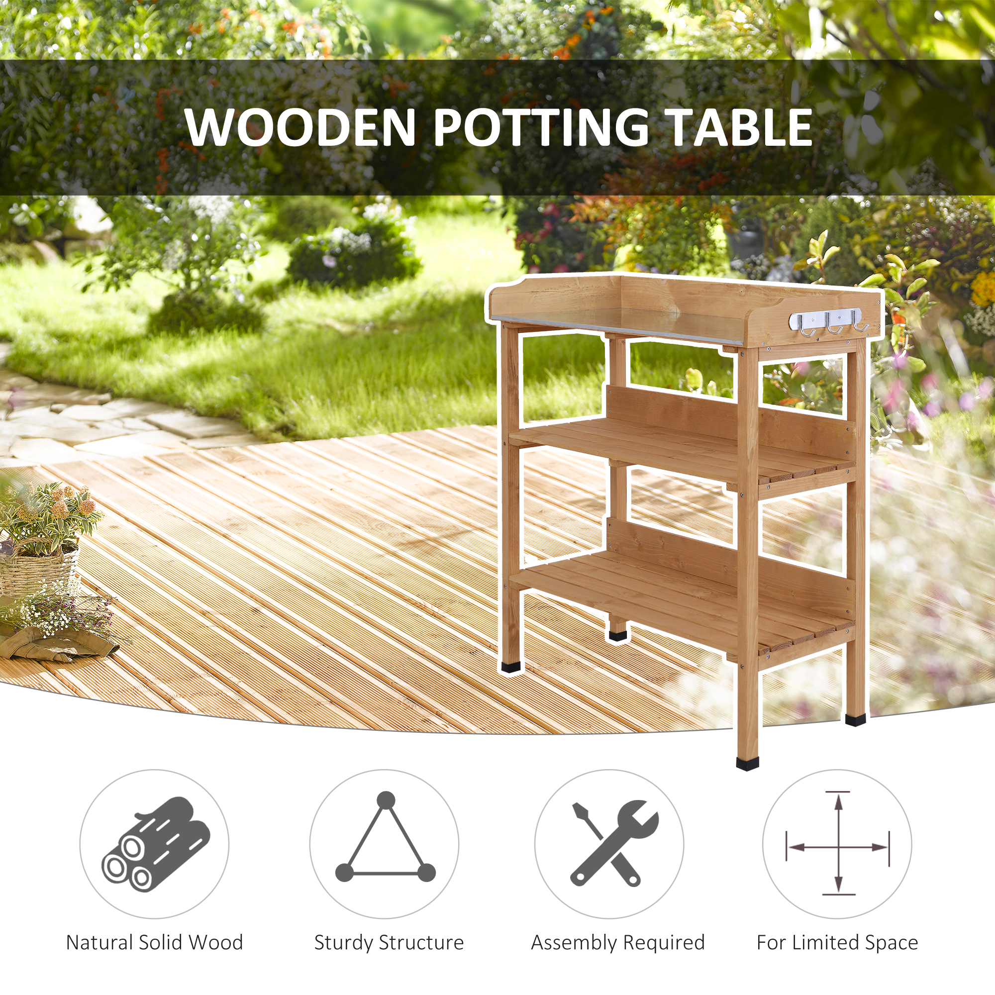 Outsunny Outdoor Garden Wooden Potting Bench Work Station Table Tool Storage Shelf W/ Hooks, Natural , Aosom Canada