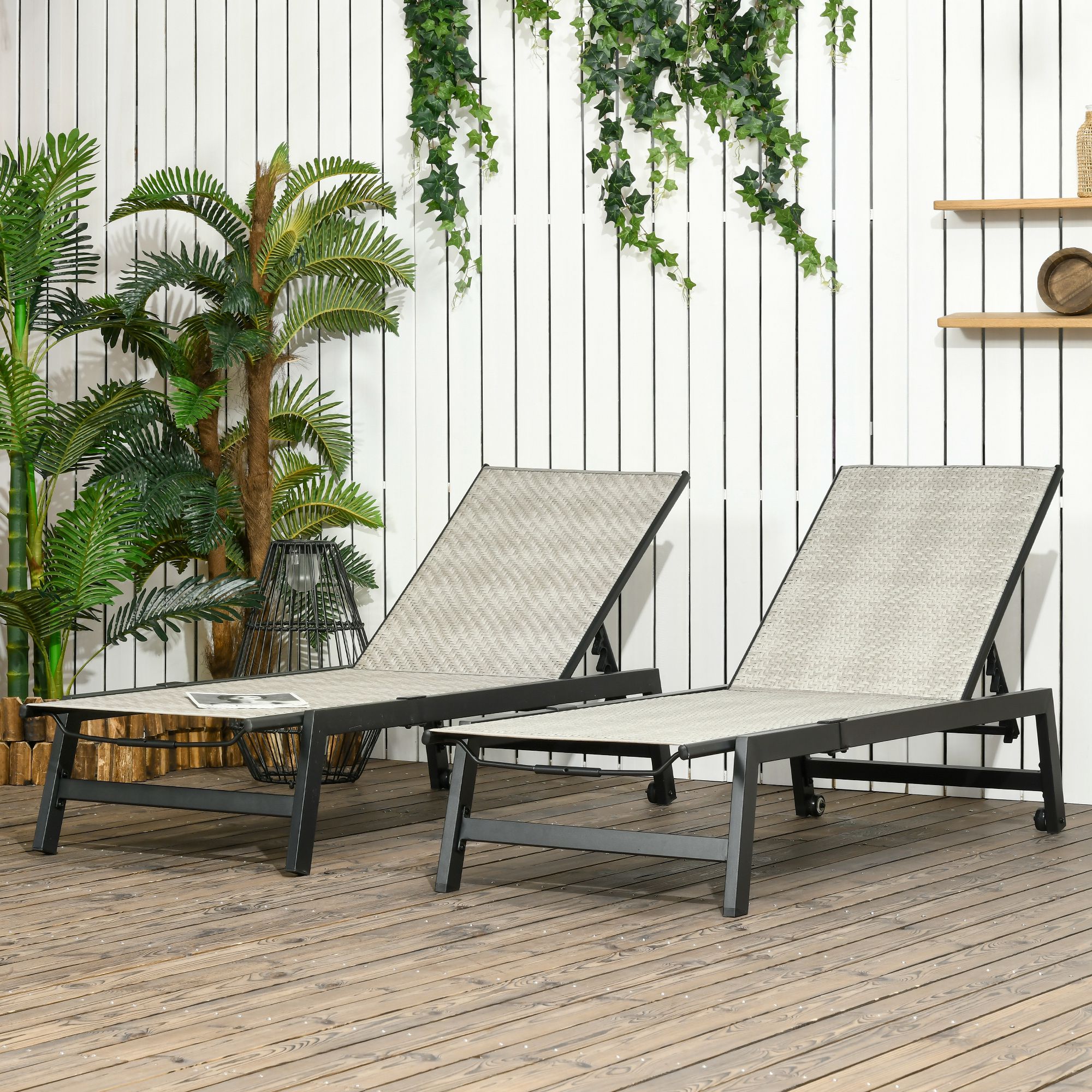Outsunny 2 Pieces Wicker Patio Lounger, PE Rattan Outdoor Lounge Chair