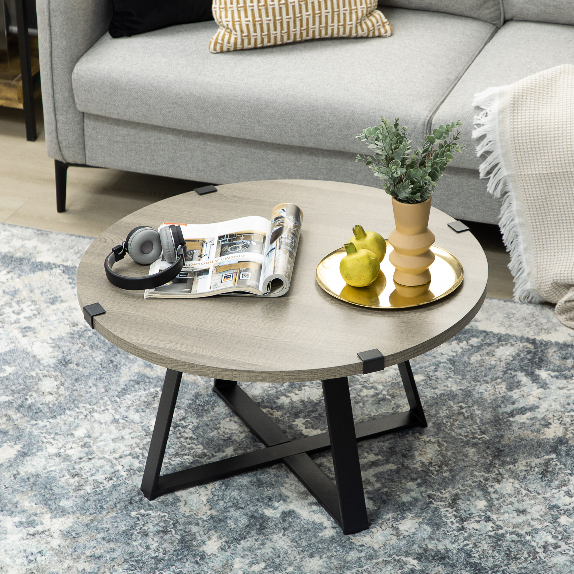 HOMCOM Round Coffee Table, Retro Cocktail Table with Steel Crossed Legs ...