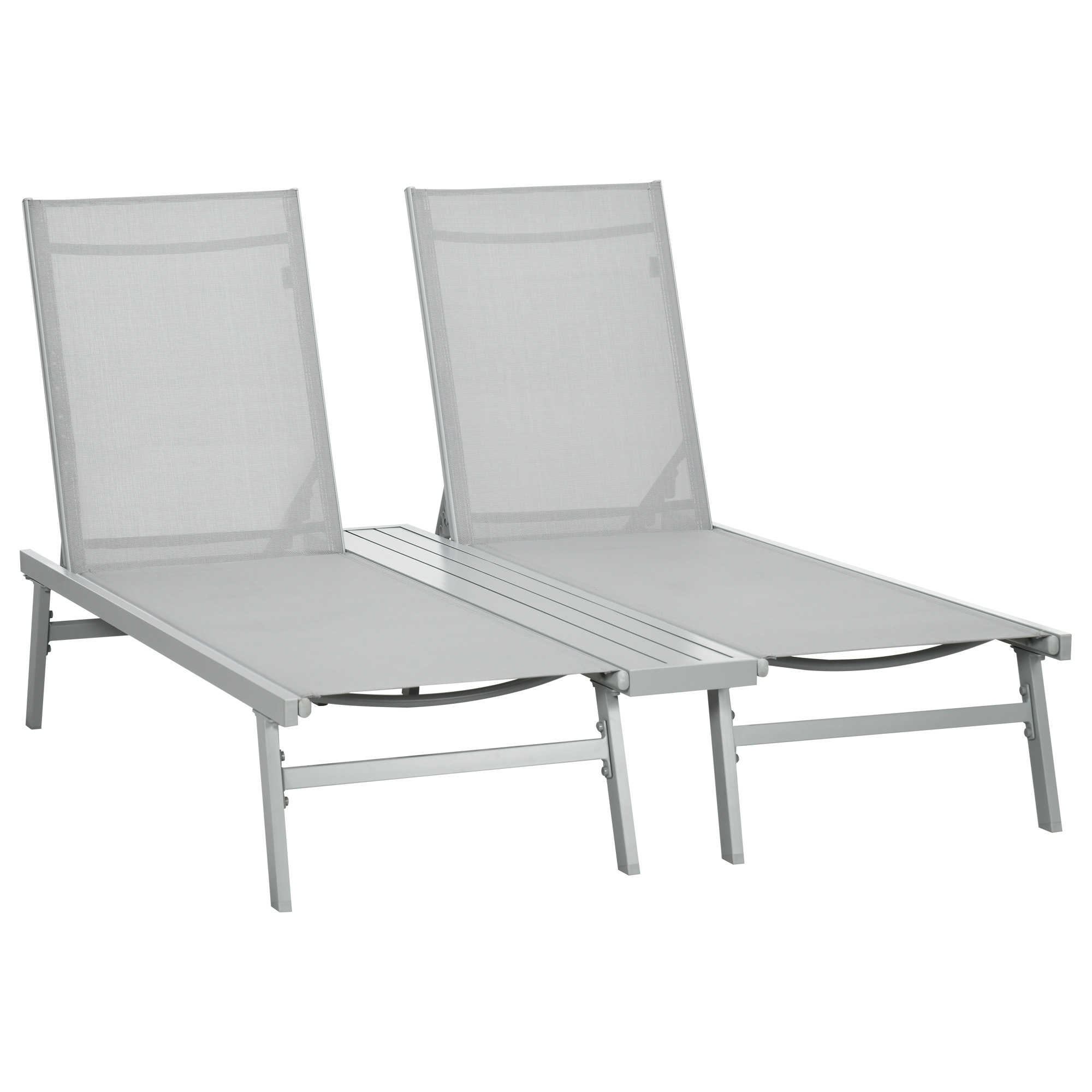 Outsunny Chaise Lounge Pool Chairs Set of 2, Aluminum Outdoor Sun Tanning Chairs with Five-Position Reclining Back, Shelf & Breathable Mesh for Beach,
