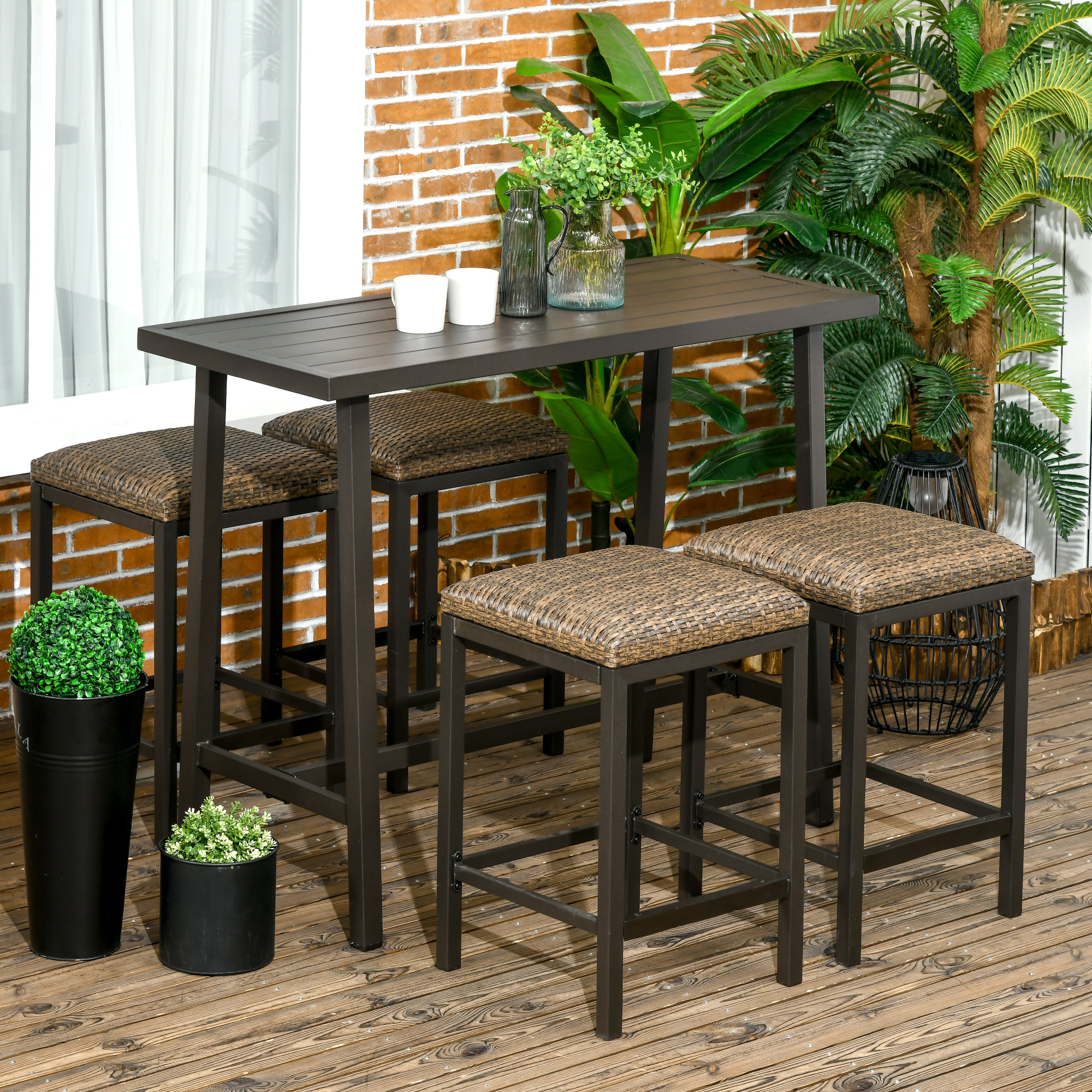 Outsunny 5 Pieces Patio Bar Set with 4 Stools, Outdoor Furniture Set