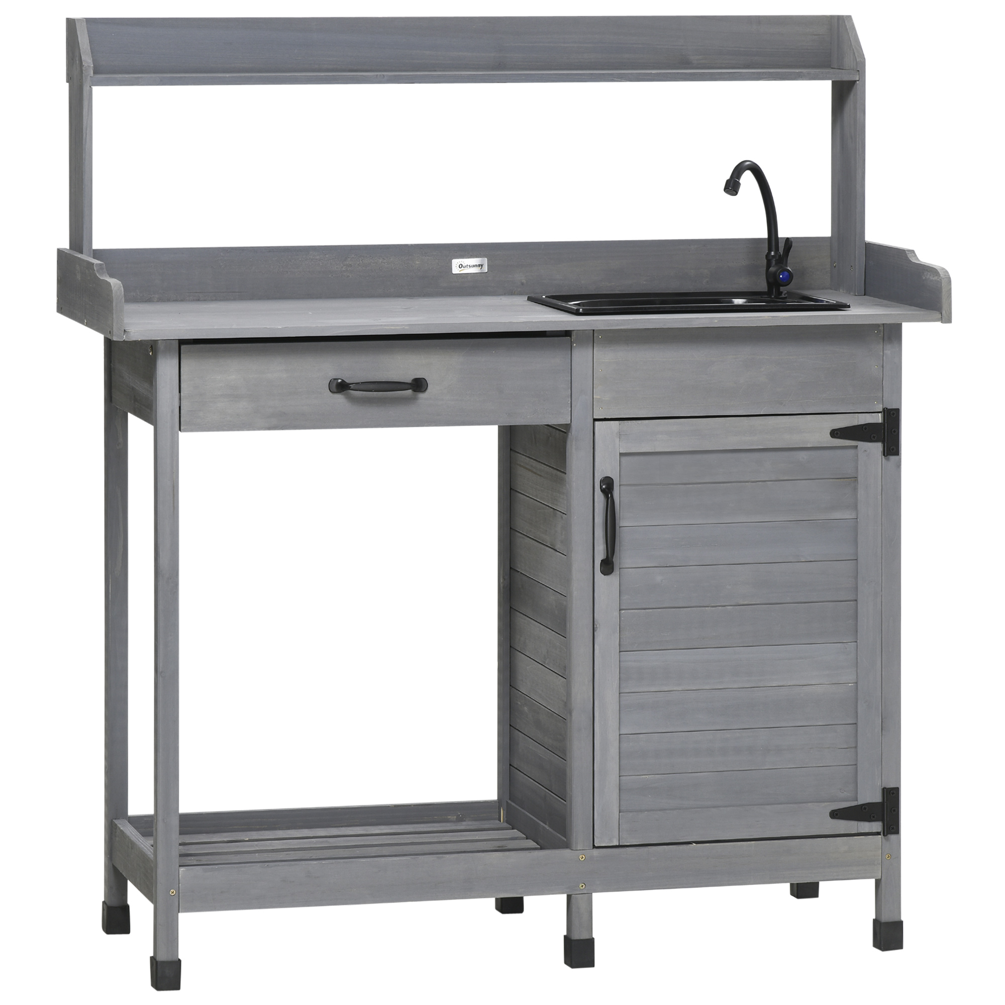 Outsunny Outdoor Potting Bench with Sink Faucet Hooks Storage Cabinet Garden Prep Table | Aosom.com