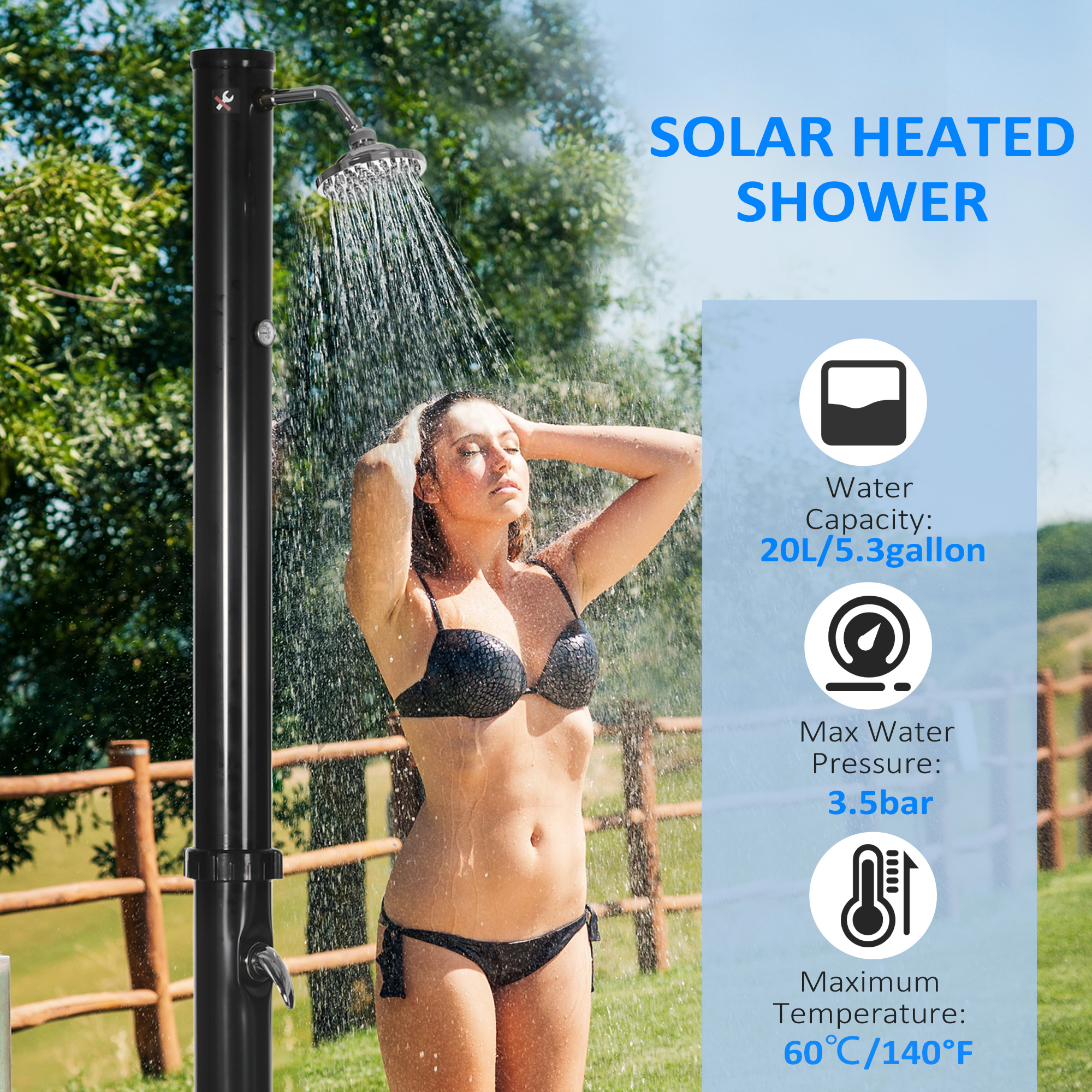 Outsunny 7.3FT 5.3 Gallon Solar Heated Shower, 2-Section Outdoor Shower With Shower Head, Foot Shower, Temperature Display, Black , Aosom Canada