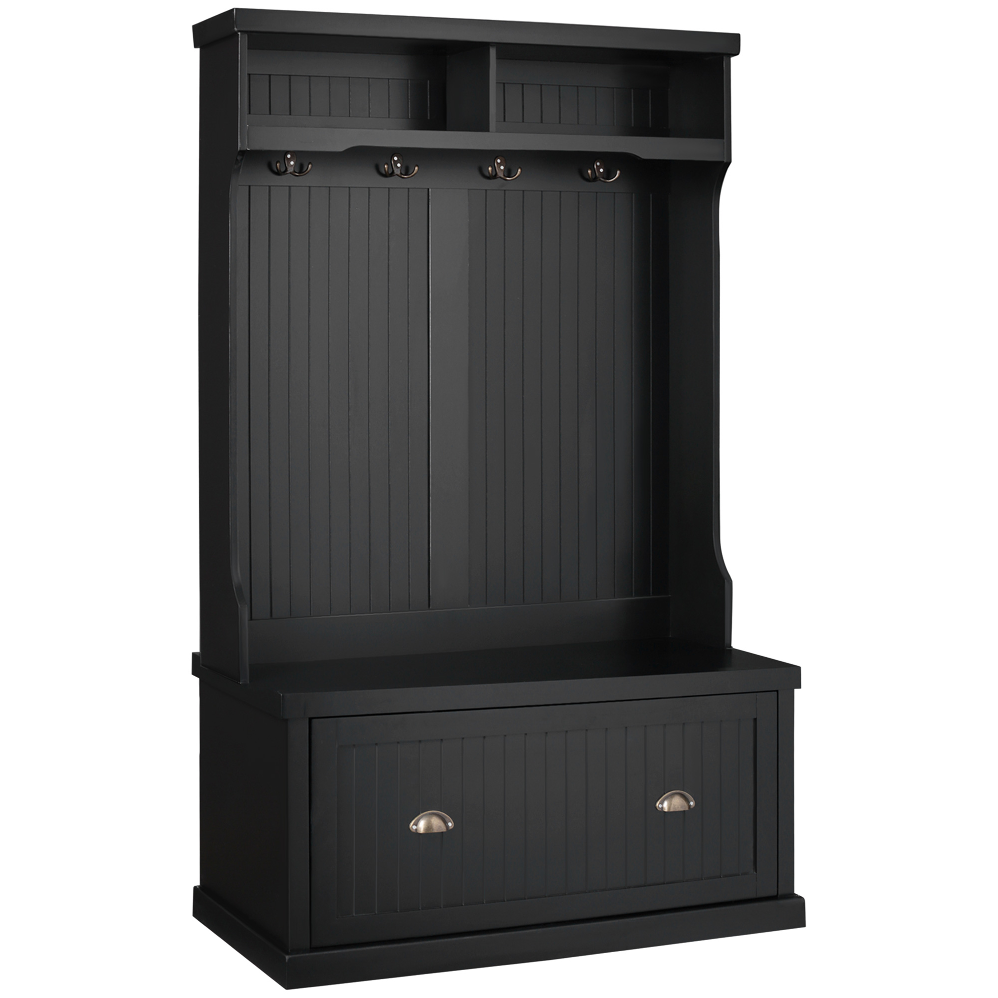 HOMCOM Entryway Bench with Coat Rack, 4 Double Hooks and 2 Compartments, Hall Tree with Bench and Shoe Storage for Hallway, Living Room, Black