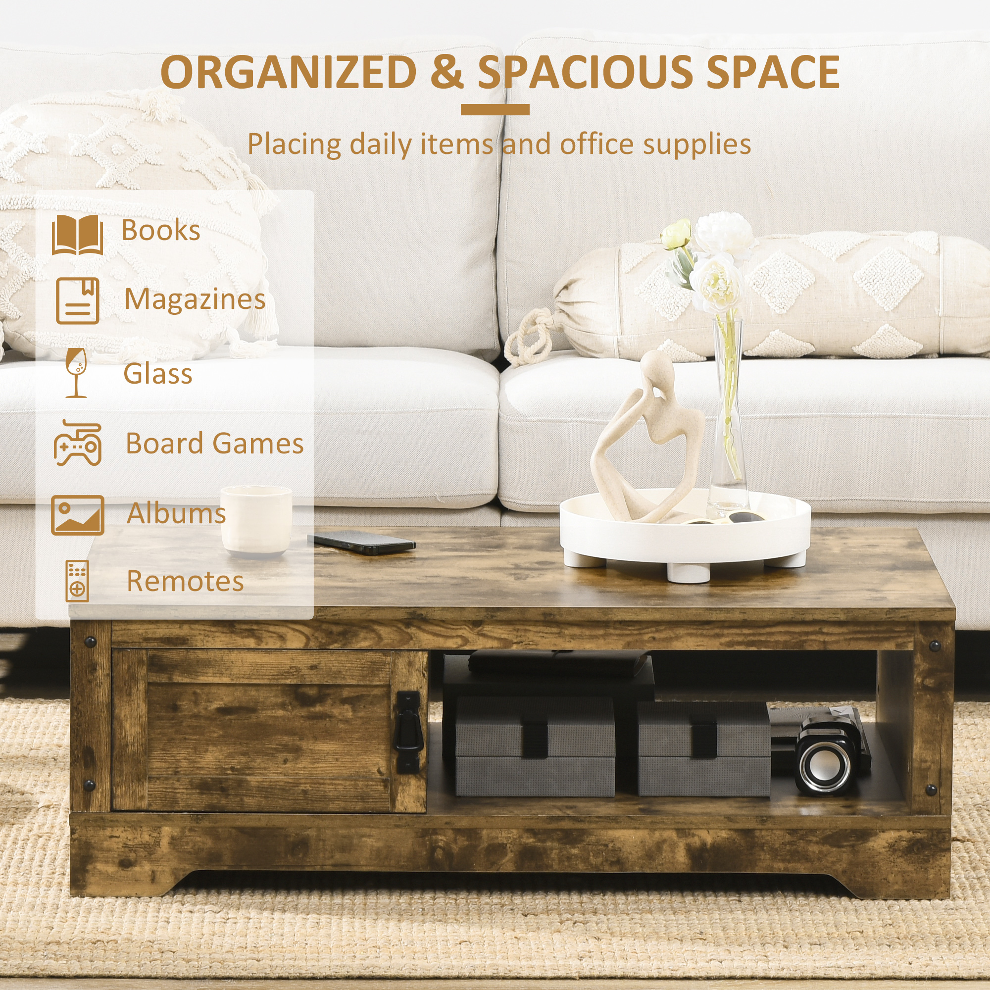 HOMCOM Vintage Coffee Table with Storage Cabinet and Open Shelves Rustic Brown Living Room Furniture | Aosom.com 2