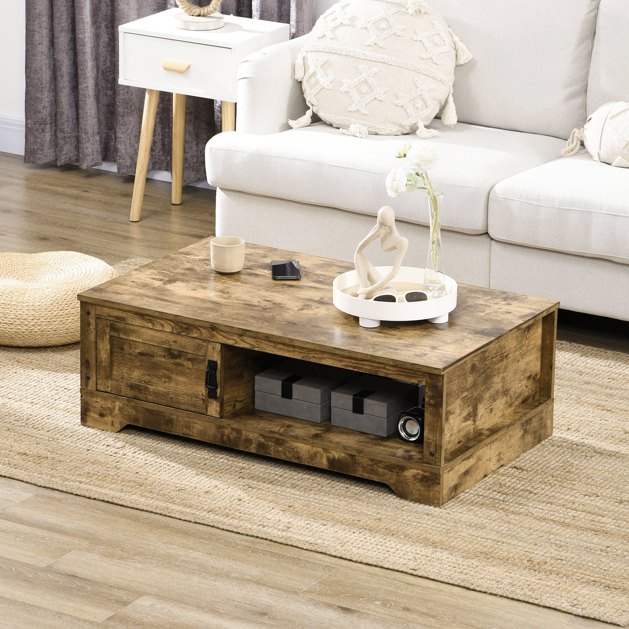 HOMCOM Vintage Coffee Table with Storage Cabinet and Open Shelves Rustic Brown Living Room Furniture | Aosom.com 4
