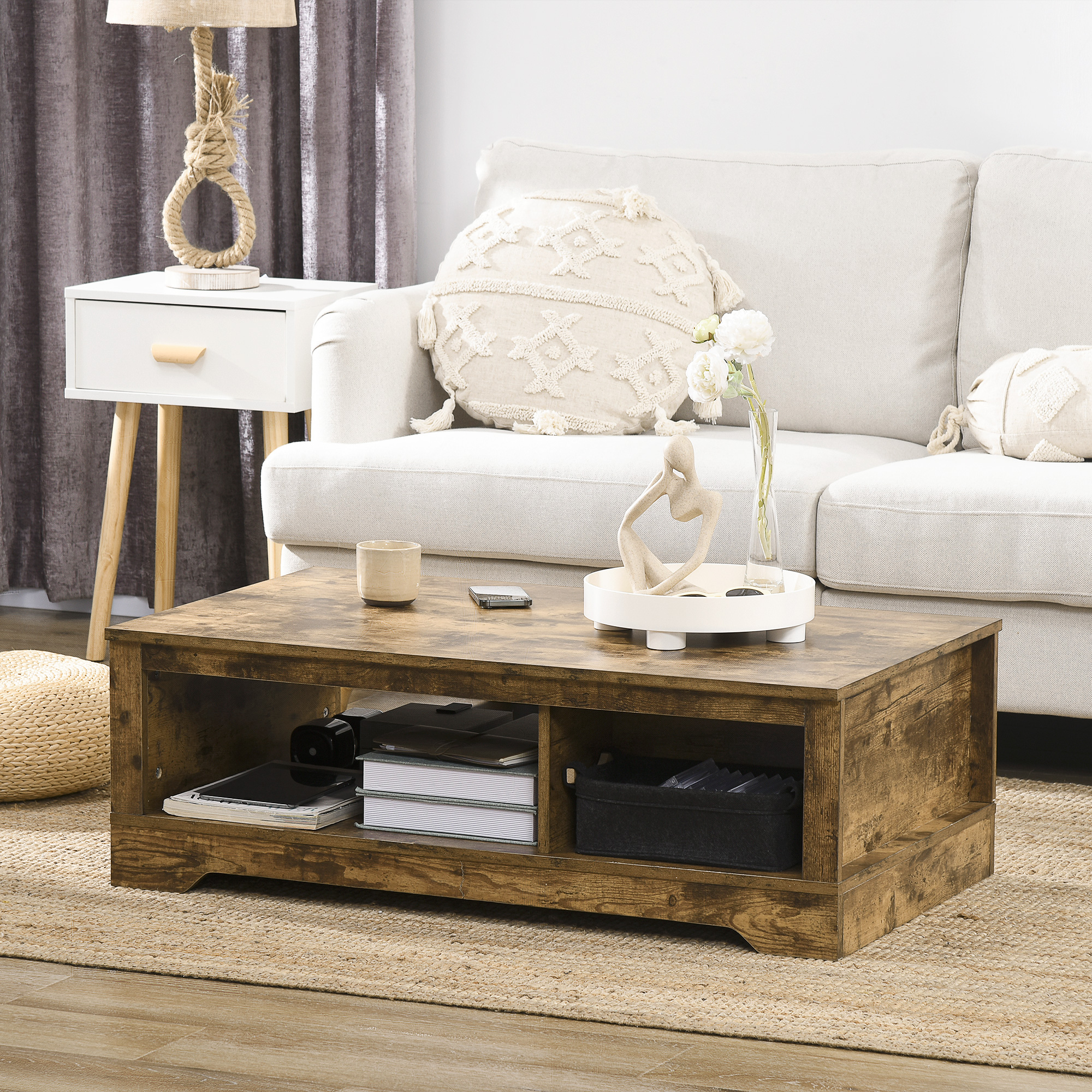 HOMCOM Vintage Coffee Table with Storage Cabinet and Open Shelves Rustic Brown Living Room Furniture | Aosom.com 5