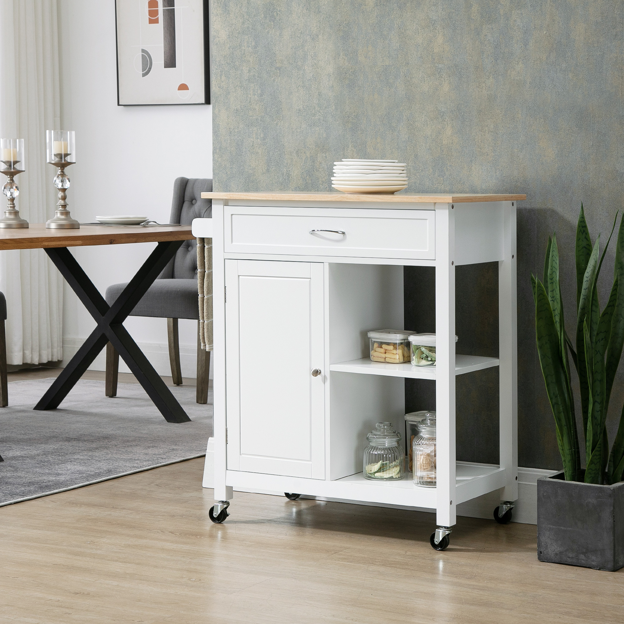 HOMCOM Kitchen Cart, Rolling Island Cart with Wood Top, Towel Rack and Storage Drawer for Dining Room, White Aosom Canada