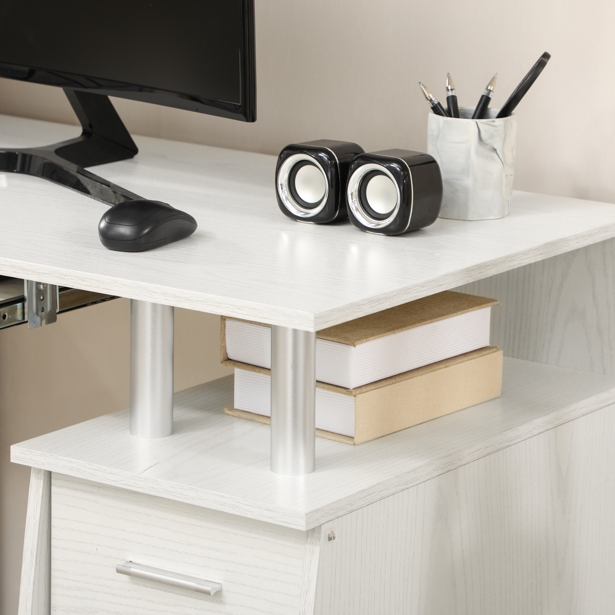 HOMCOM 47 Computer Desk With Keyboard Tray And Storage Drawers, Home Office Workstation Table With Storage Shelves, White , Aosom Canada