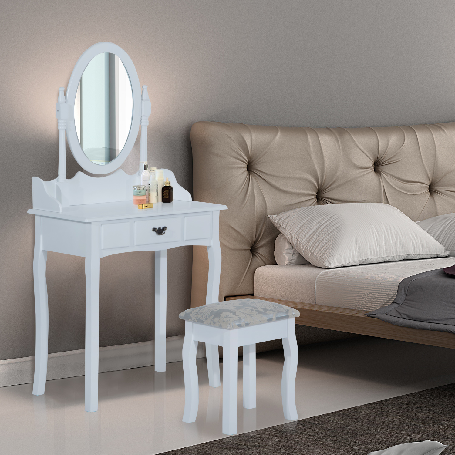 HOMCOM Vanity Table Set Cushioned Stool Bedroom White|AOSOM.CA