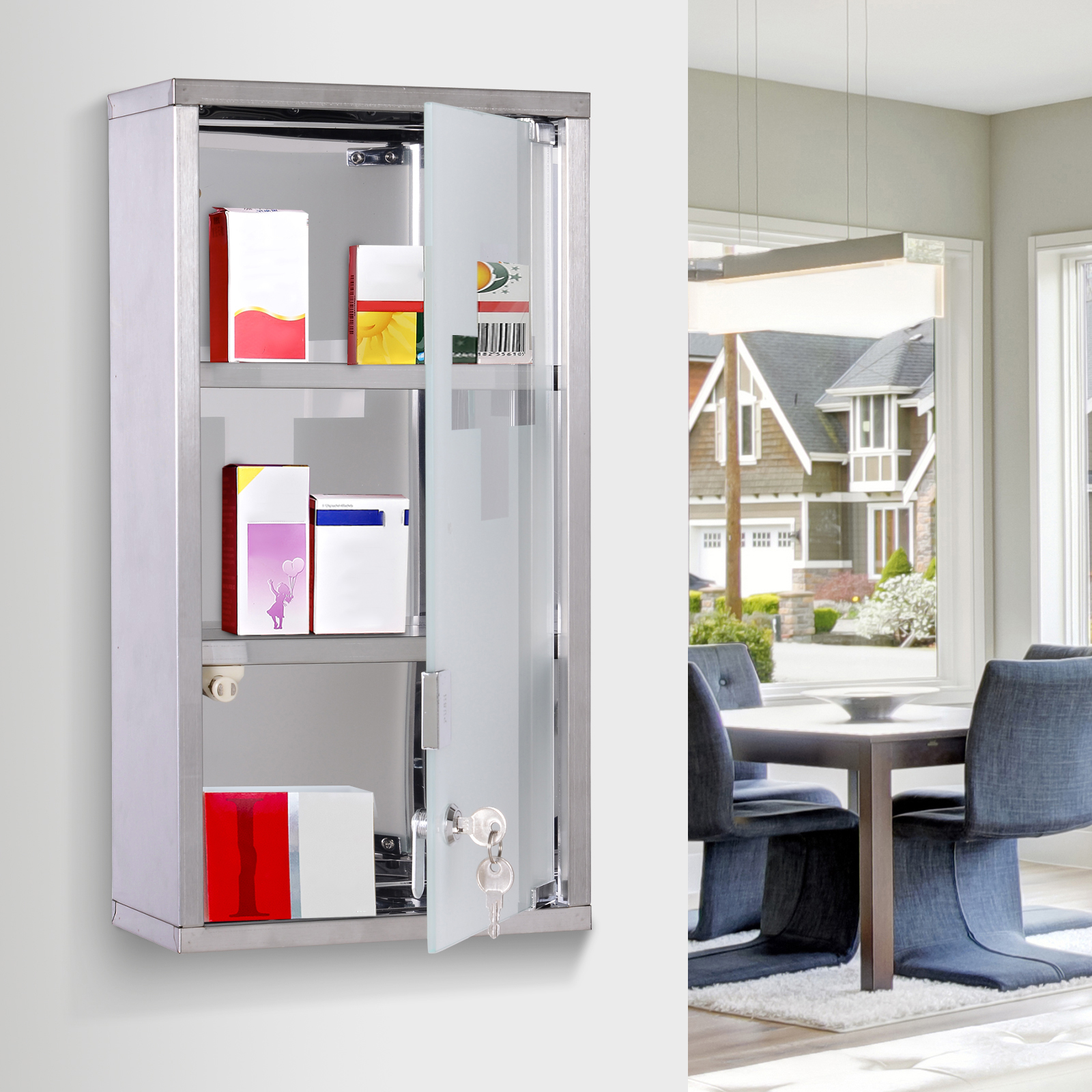 HOMCOM Sleek Wall-Mounted Medicine Organizer: Lockable 2-Shelf Glass Door Cabinet with Stainless Steel Frame for Bathroom Storage Aosom Canada
