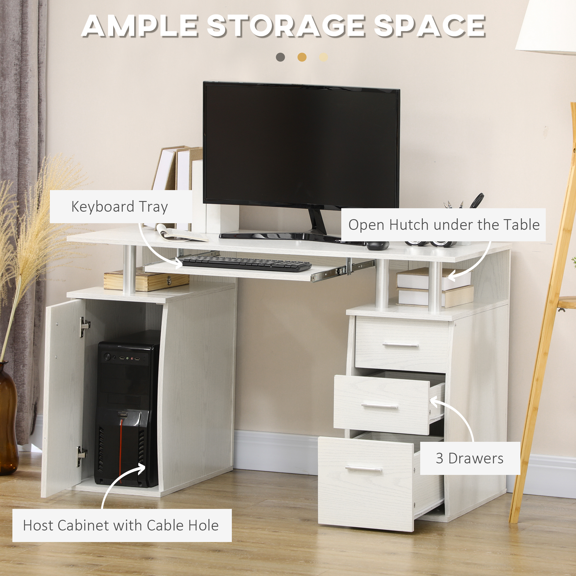 HOMCOM 47 Computer Desk With Keyboard Tray And Storage Drawers, Home Office Workstation Table With Storage Shelves, White , Aosom Canada