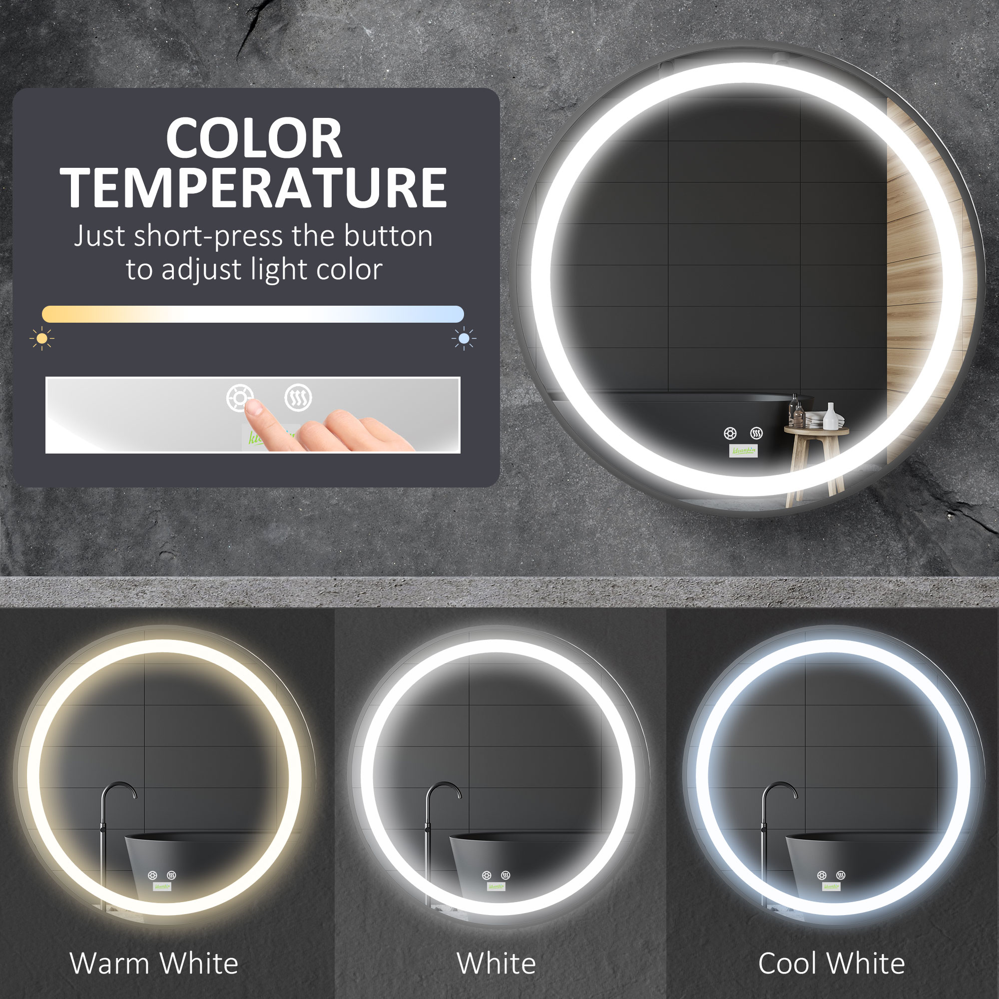 kleankin LED Bathroom Mirror for Vanity, Dimmable Lighted Anti Fog Wall ...