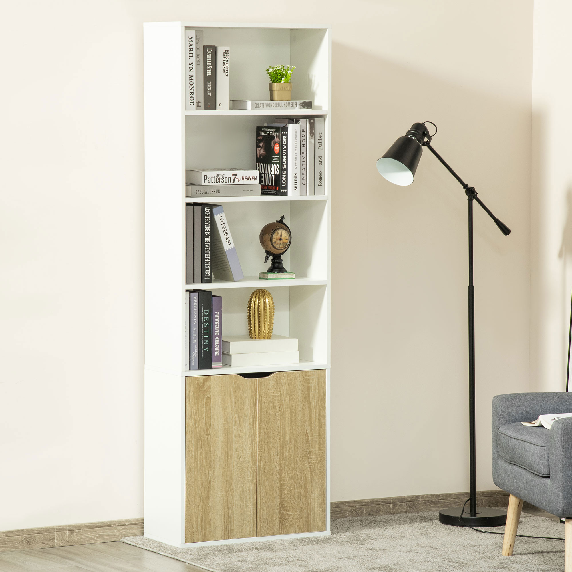 HOMCOM 4-Tier Bookcase: Oak Finish Storage Cabinet with Doors for Home Office/Living Room Aosom Canada