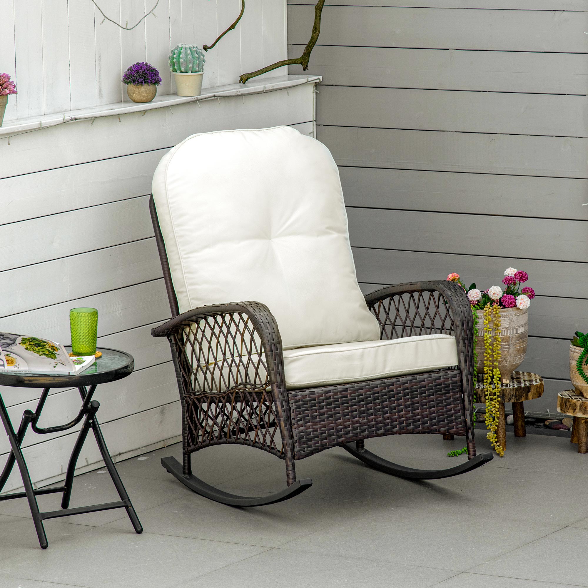 Outsunny Rattan Rocking Chair Outdoor Wicker Glider PE Rattan, Patio Recliner Rocker Chair Furniture with Soft Cushion | Aosom Canada