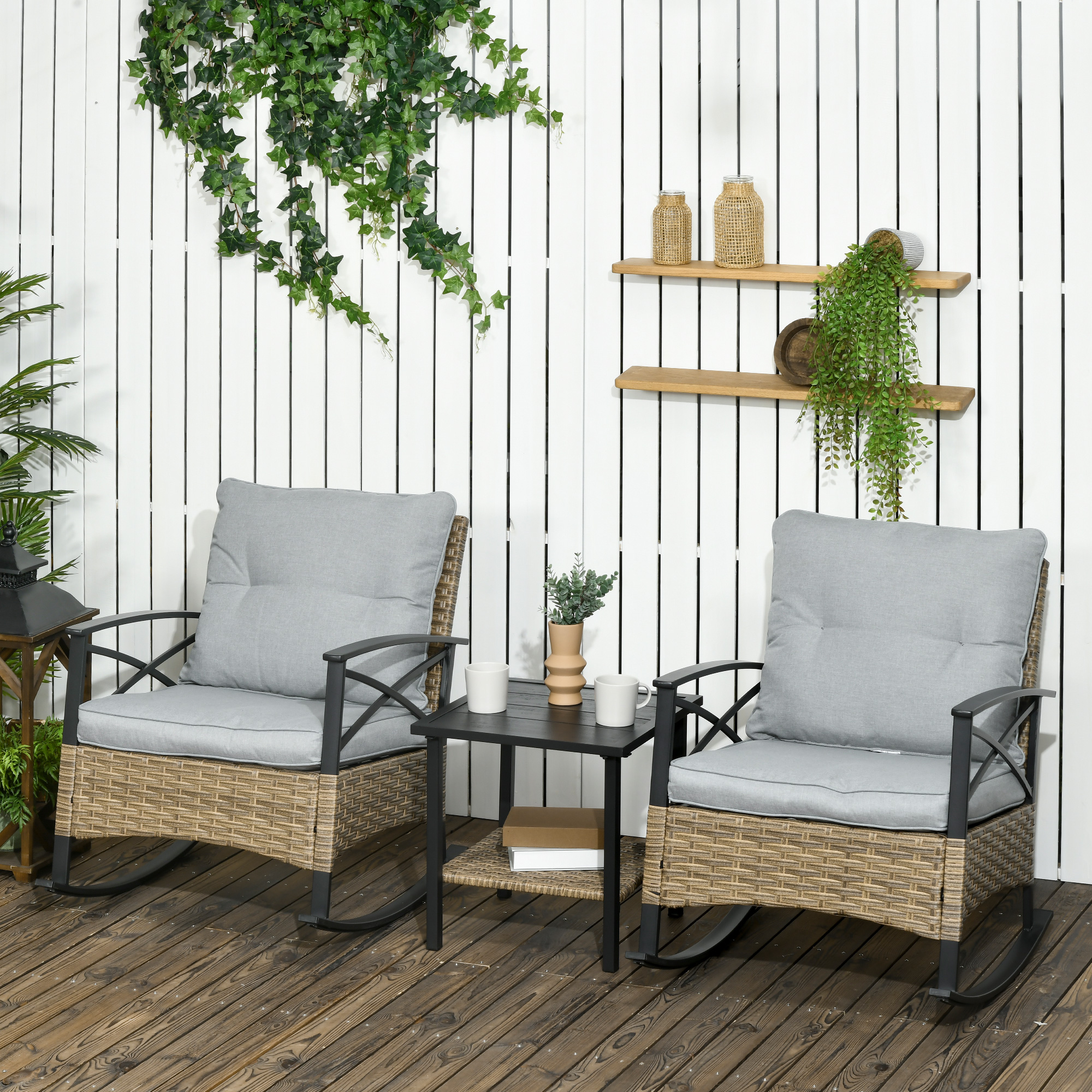 Outsunny Patio Wicker 3 Pieces Rocking Chair Set, Outdoor PE Rattan