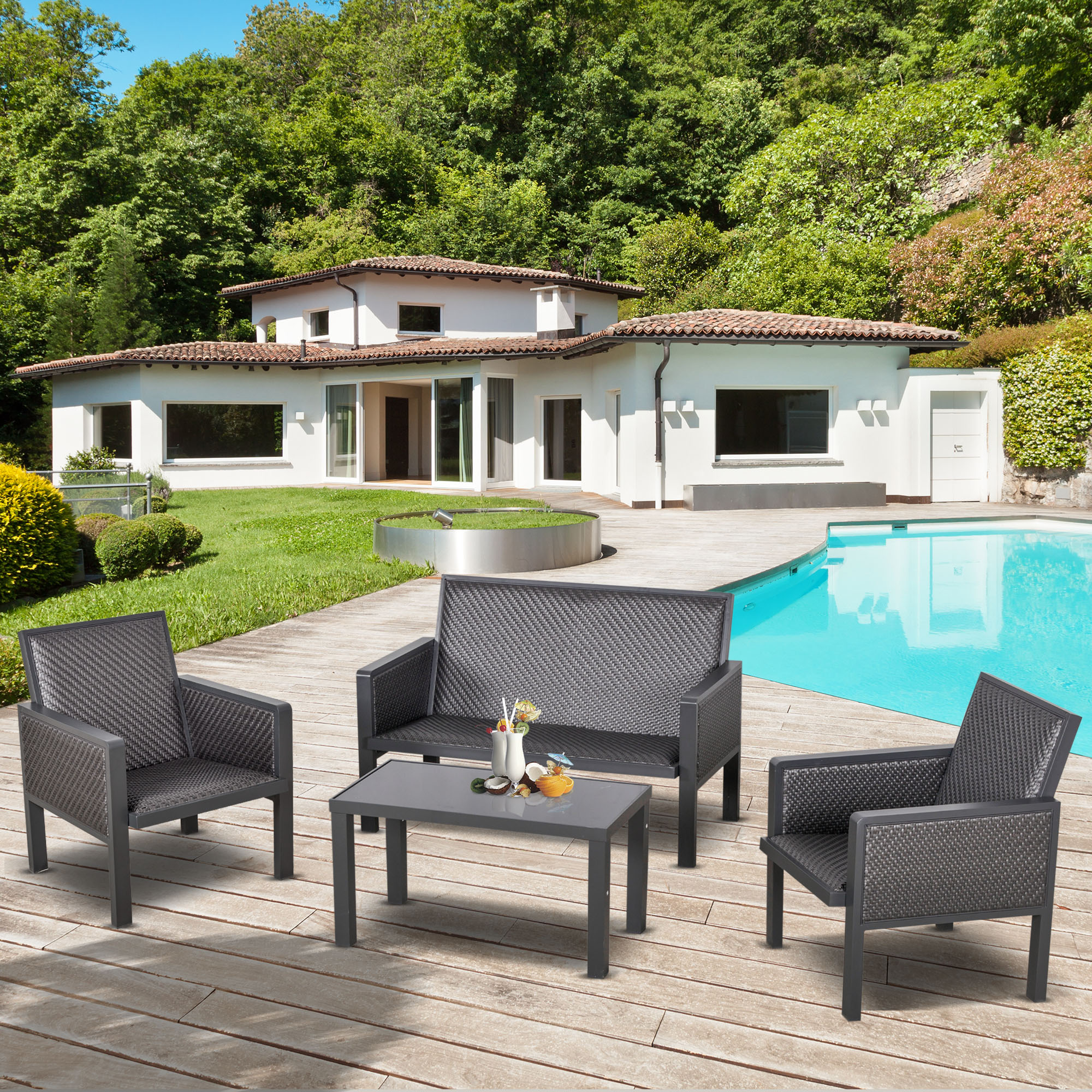 Outsunny 4 PCs Aluminum PE Rattan Wicker Sofa Set Outdoor Conservatory ...