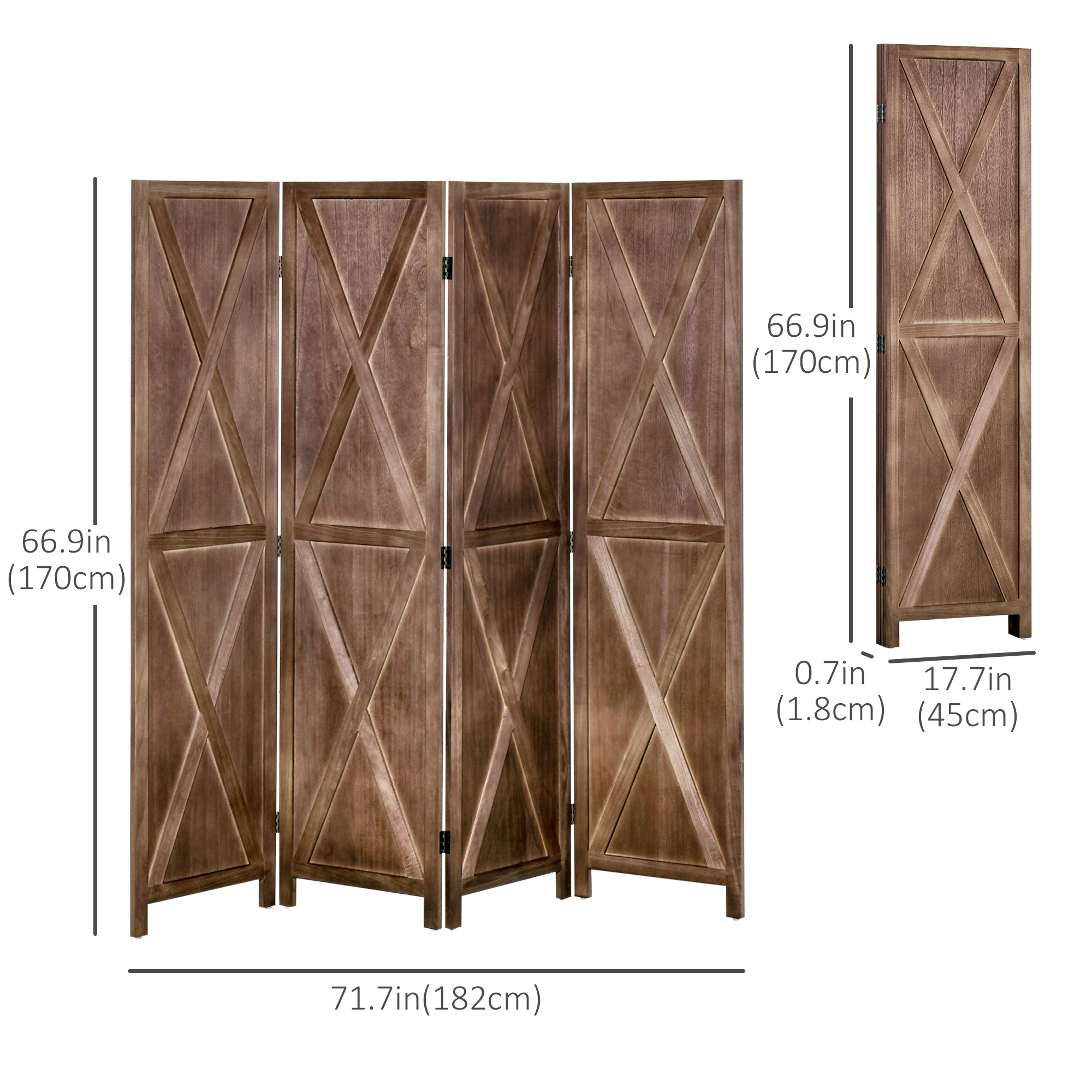 HOMCOM 4-Panel Wall Partition Farmhouse Room Separator With Foldable Design Wooden Frame 5.6FT Walnut , Aosom Canada