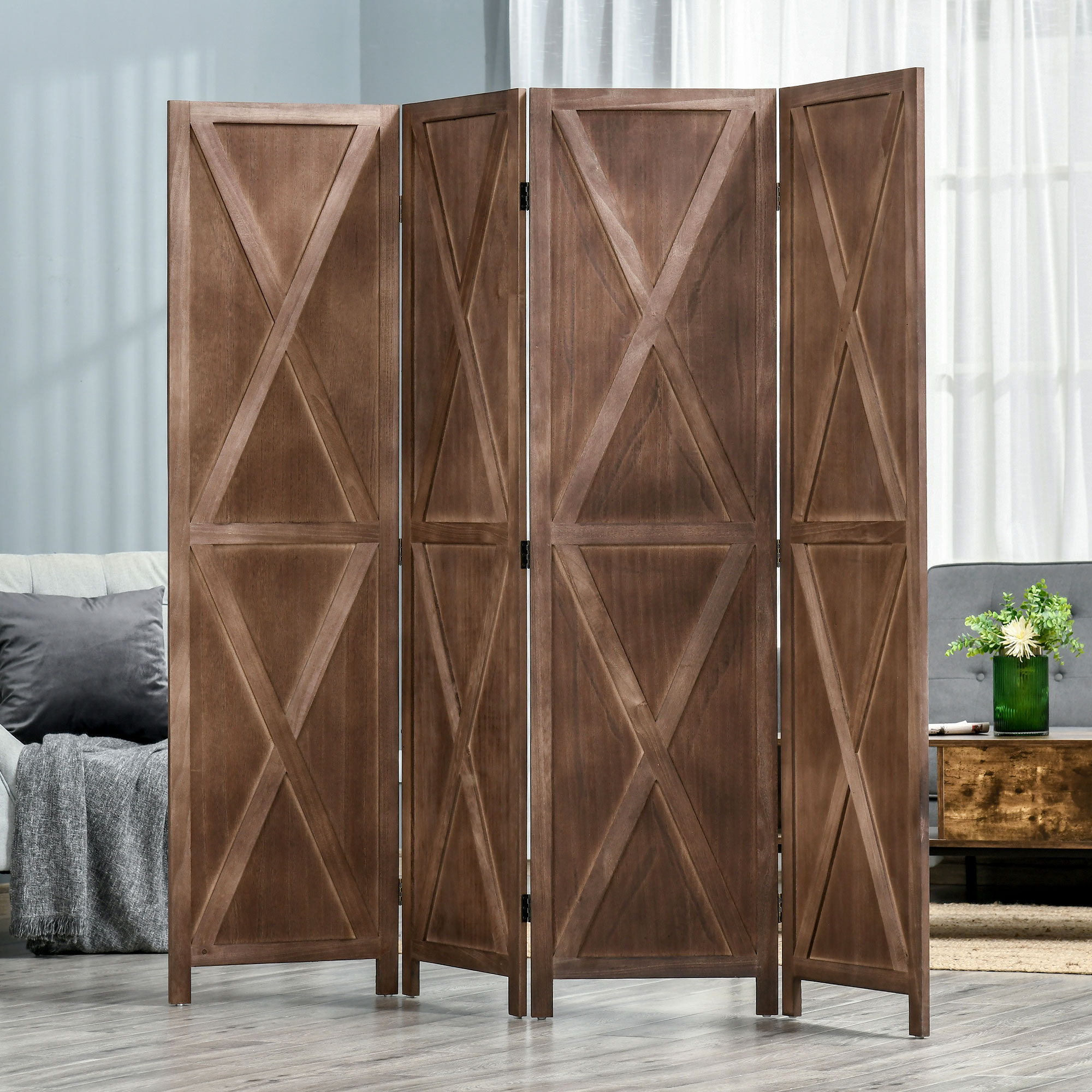 HOMCOM 4-Panel Wall Partition Farmhouse Room Separator With Foldable Design Wooden Frame 5.6FT Walnut , Aosom Canada