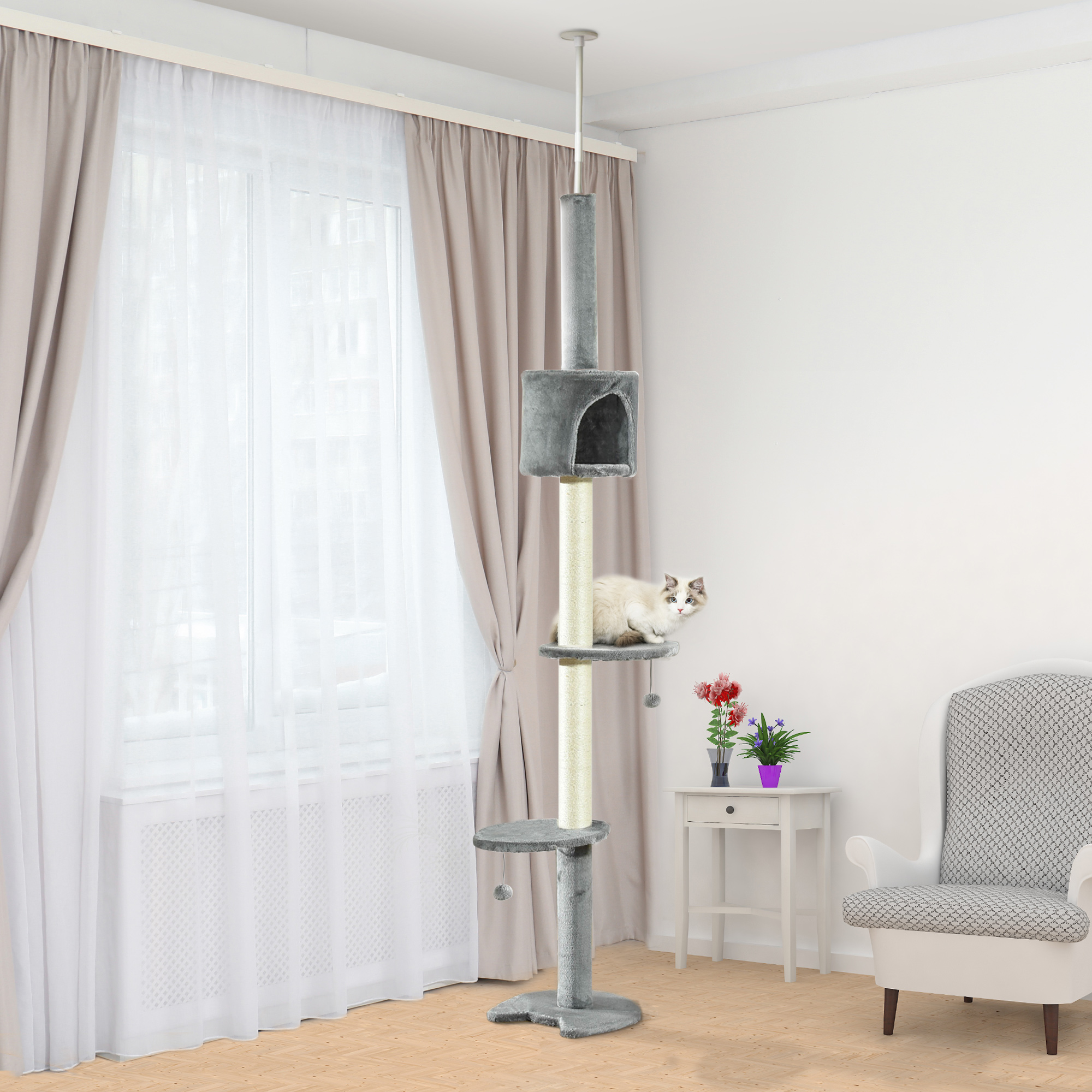 PawHut 4Tier Floor to Ceiling Cat Tree, Tall Cat Tower with Scratching