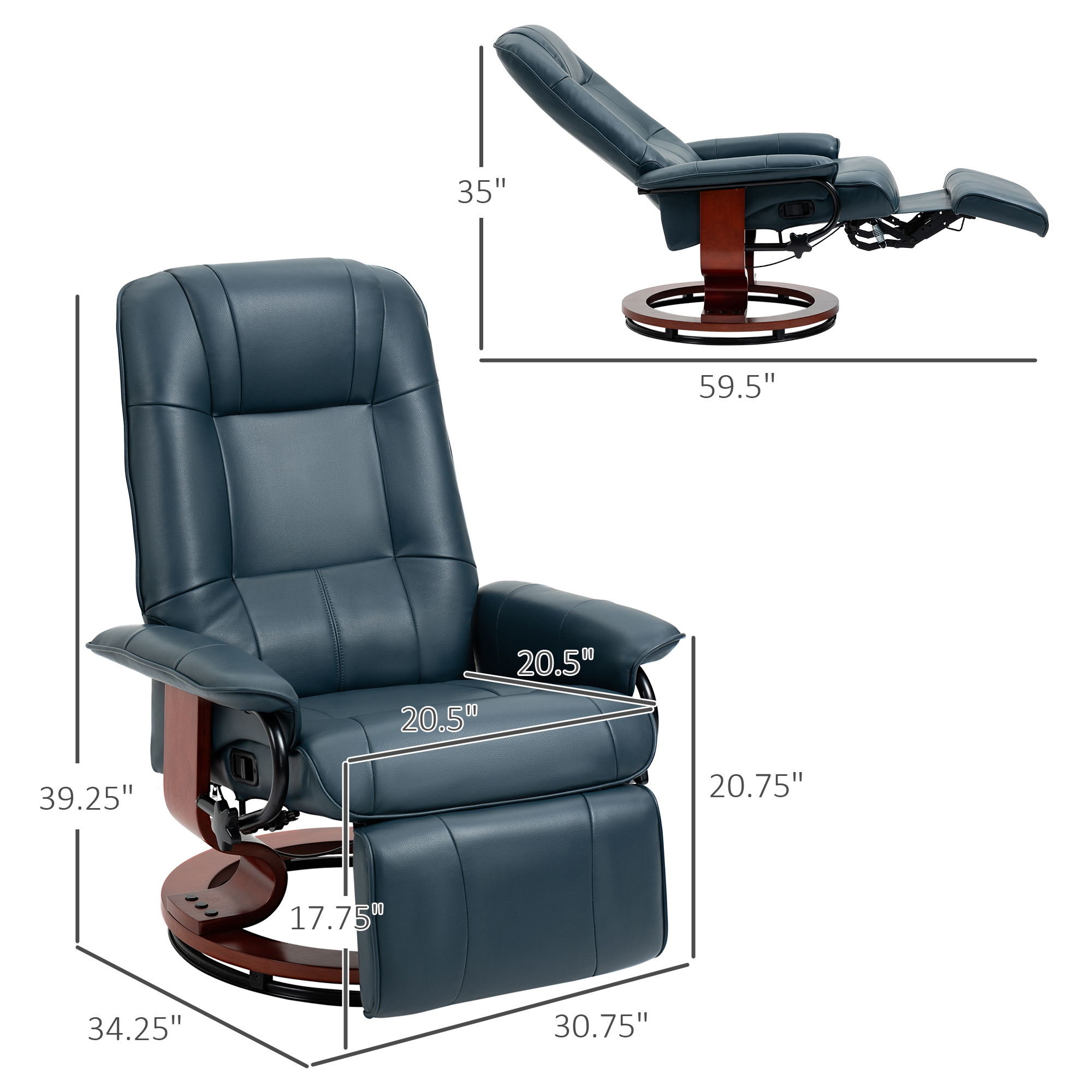 HOMCOM Lounging Luxury: Blue Faux Leather Swivel Recliner with Adjustable Footrest | Aosom.com 1