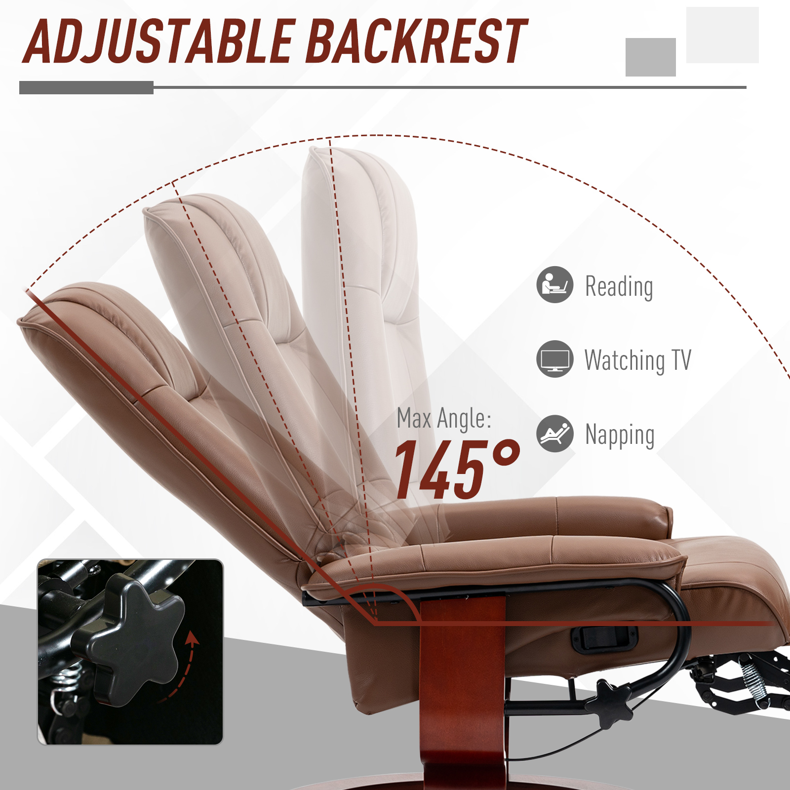 HOMCOM Faux Leather Manual Recliner Chair, Adjustable Swivel Lounge Chair with Footrest, Armrest and Wrapped Wood Base for Living Room, Brown 2