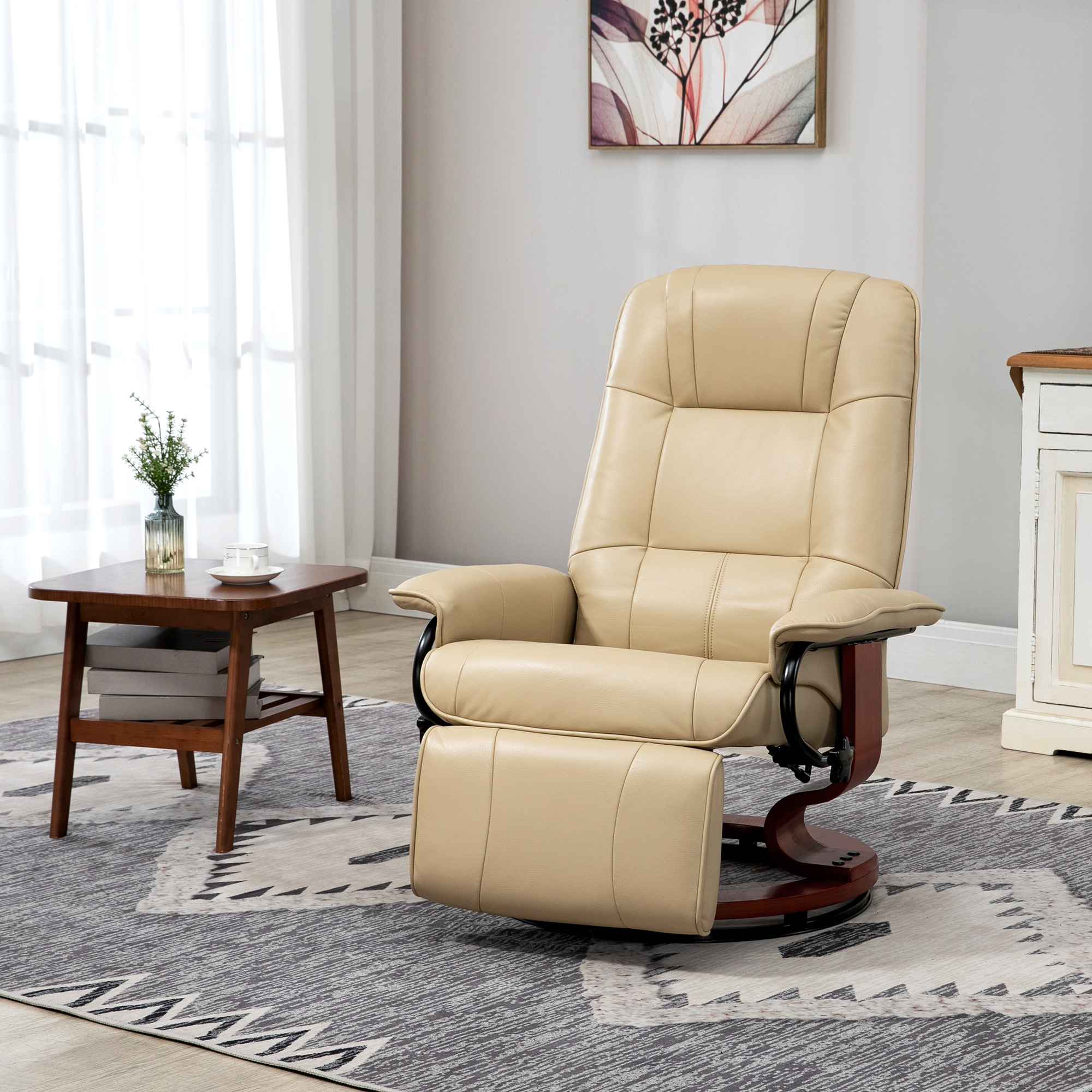 HOMCOM Faux Leather Manual Recliner, Adjustable Swivel Lounge Chair with Footrest, Armrest and Wrapped Wood Base for Living Room, Cream White 0