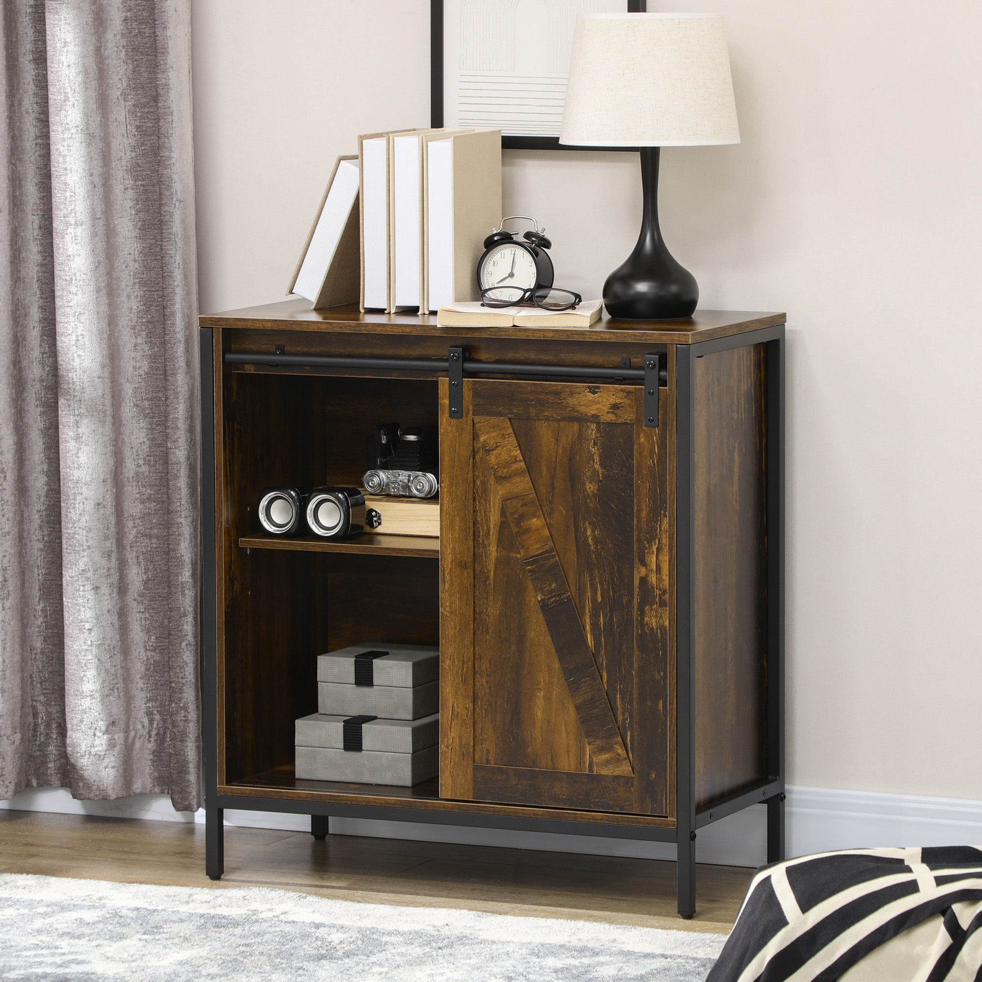 HOMCOM Rustic Brown Buffet Cabinet Farmhouse Style Bar Sideboard Adjustable Shelf Sliding Barn Door Kitchen Storage | Aosom.com 0