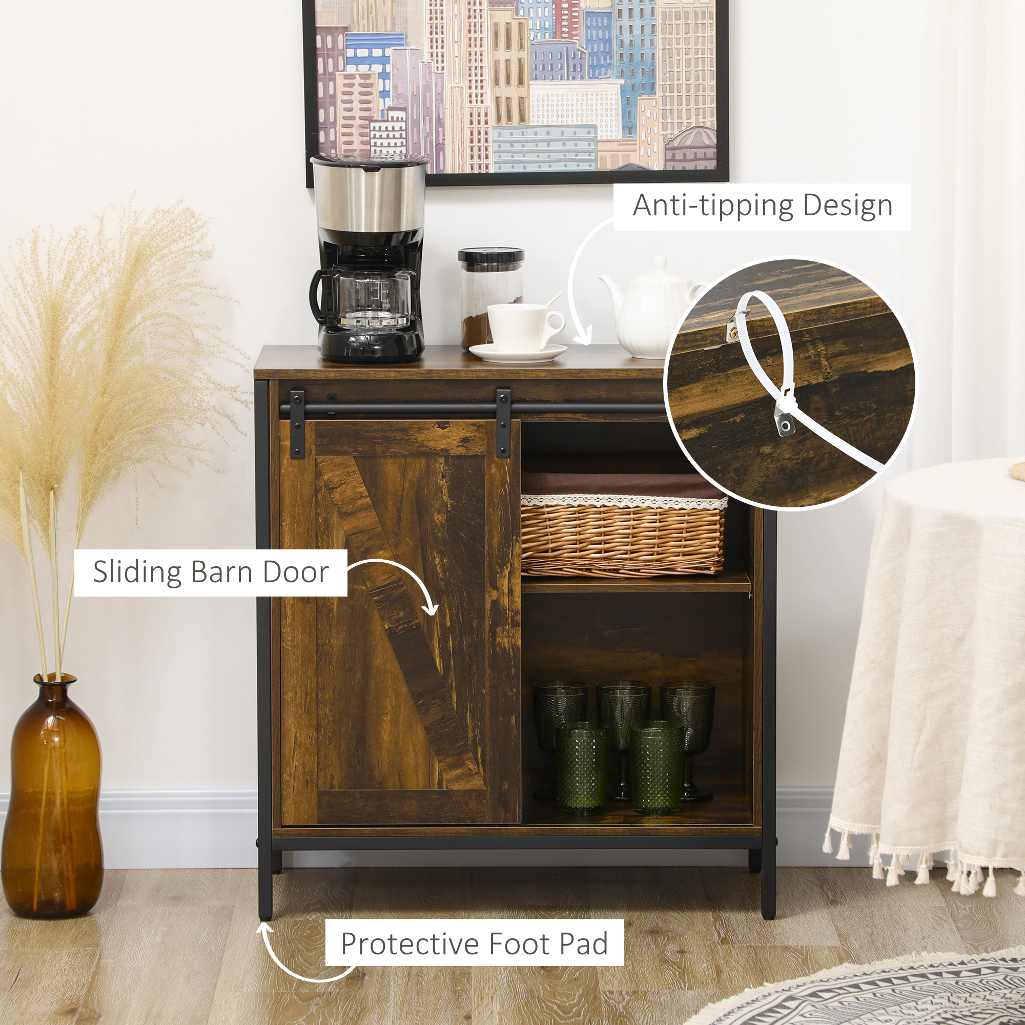 HOMCOM Rustic Brown Buffet Cabinet Farmhouse Style Bar Sideboard Adjustable Shelf Sliding Barn Door Kitchen Storage | Aosom.com 4