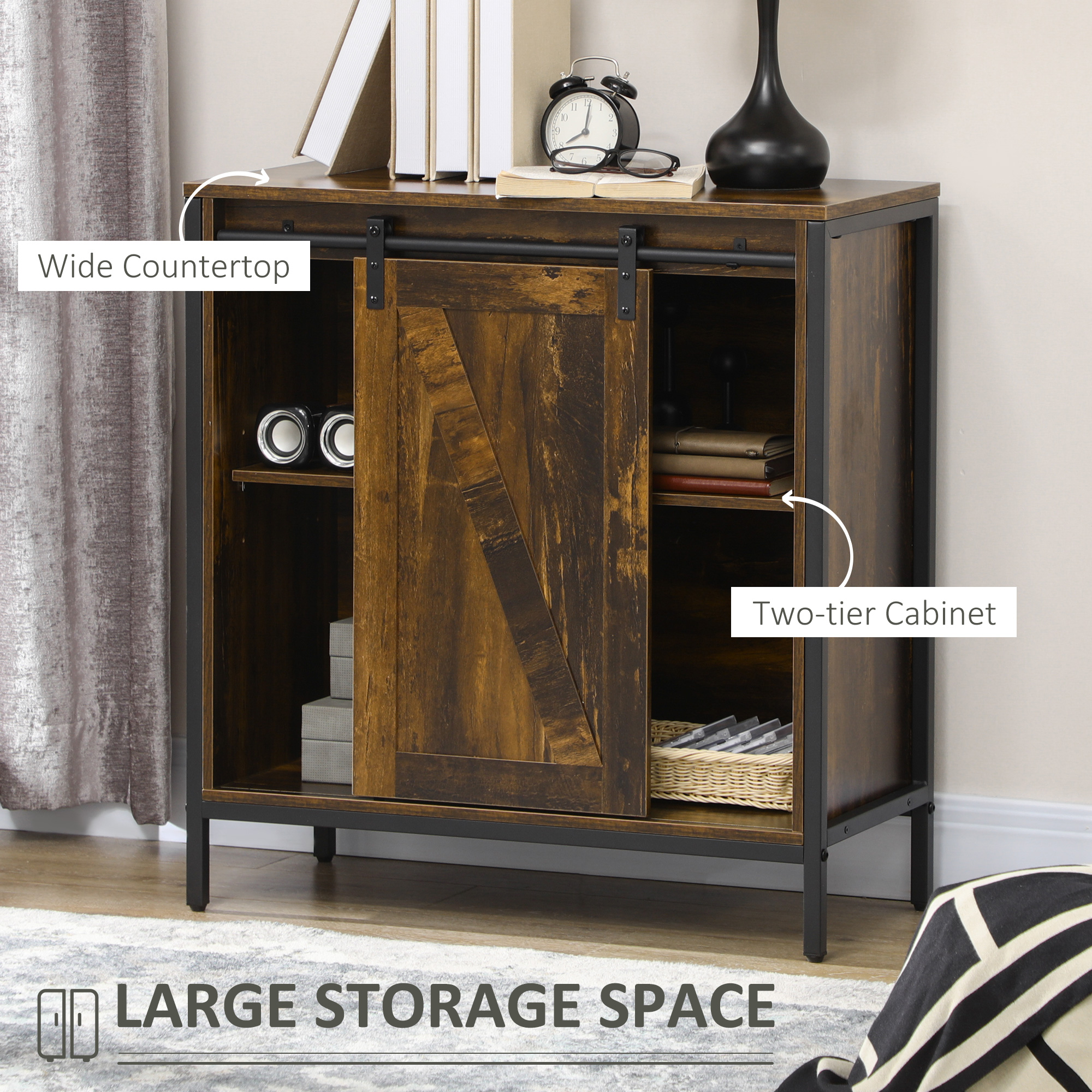 HOMCOM Rustic Brown Buffet Cabinet Farmhouse Style Bar Sideboard Adjustable Shelf Sliding Barn Door Kitchen Storage | Aosom.com 2