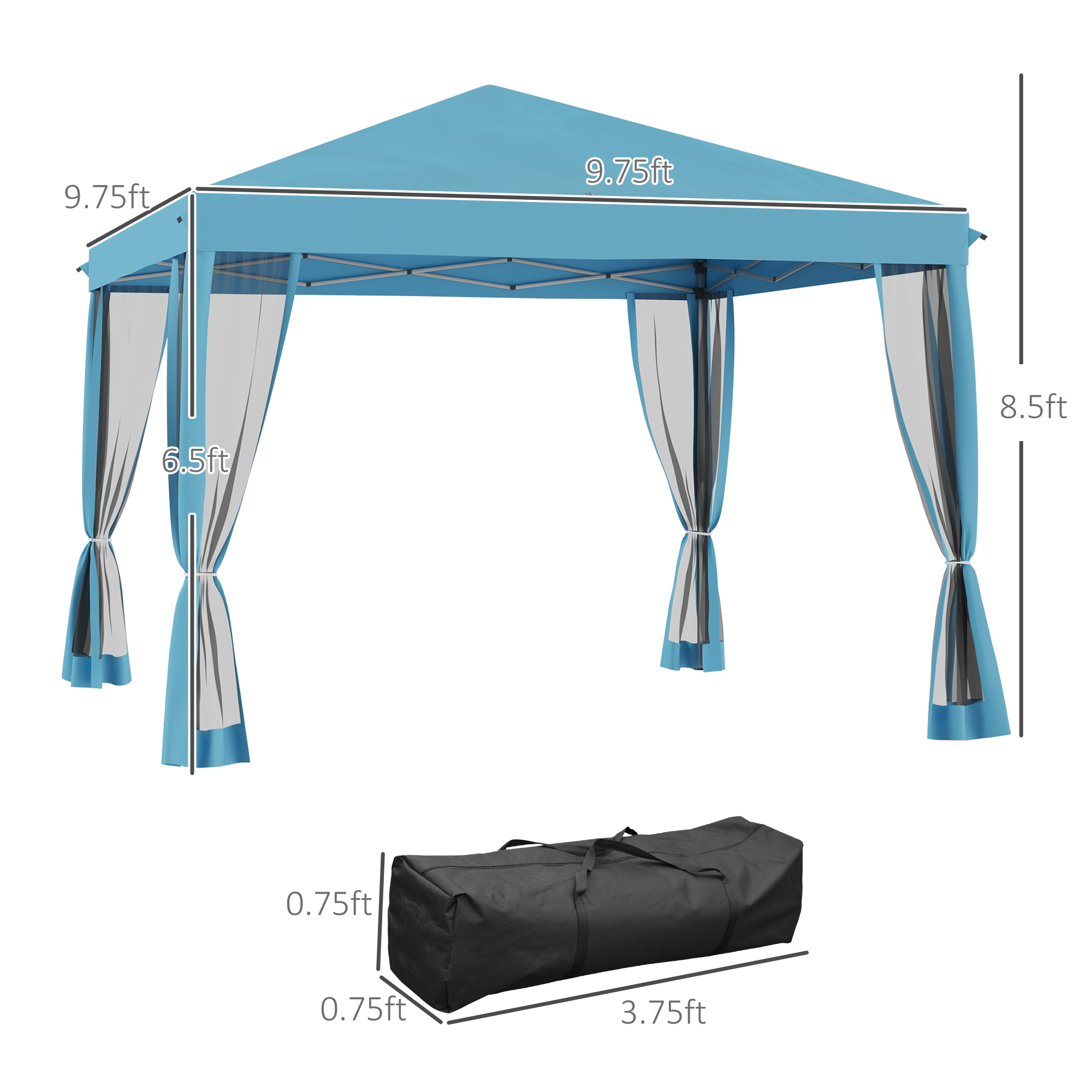 Outdoor 10' X 10' Patio Gazebo Outdoor Pop-Up Canopy With Sidewalls, Instant Setup, 4 Mesh Walls For Party, Events, Backyard, Lawn, Light Blue