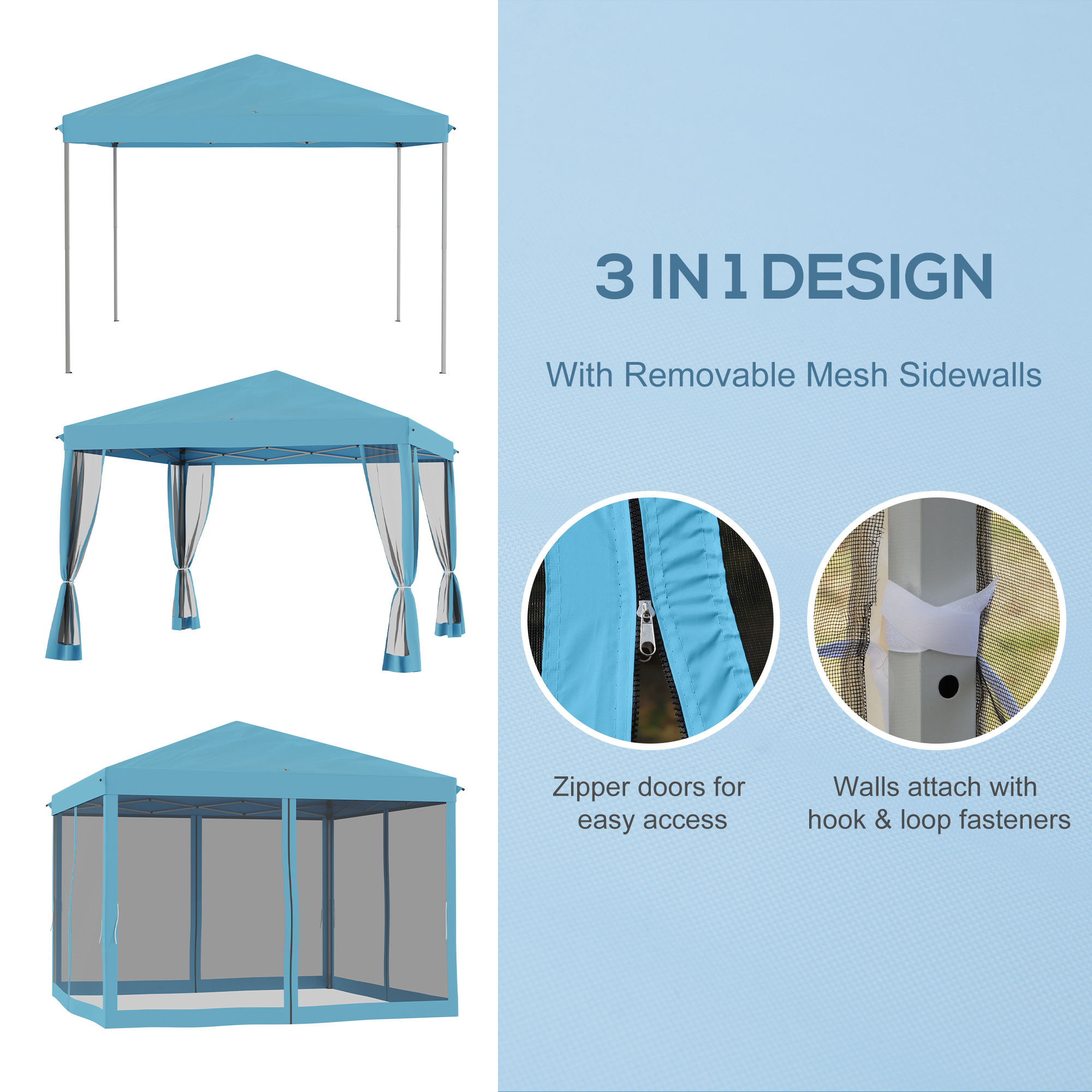 Outdoor 10' X 10' Patio Gazebo Outdoor Pop-Up Canopy With Sidewalls, Instant Setup, 4 Mesh Walls For Party, Events, Backyard, Lawn, Light Blue