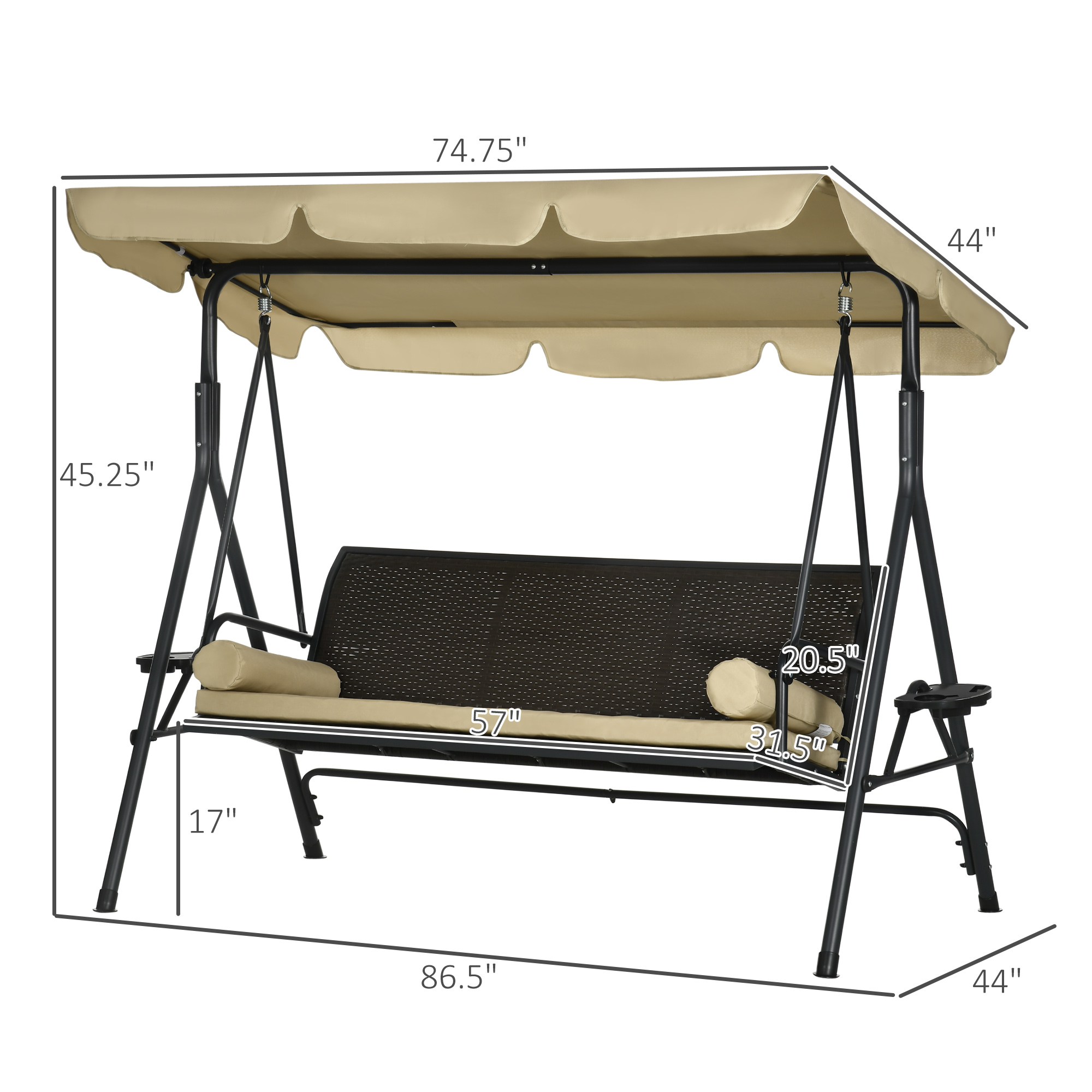 Outsunny 3-Seat Patio Swing Chair, Outdoor Canopy Swing Glider With Removable Cushion, Pillows, Adjustable Shade, And Rattan Seat