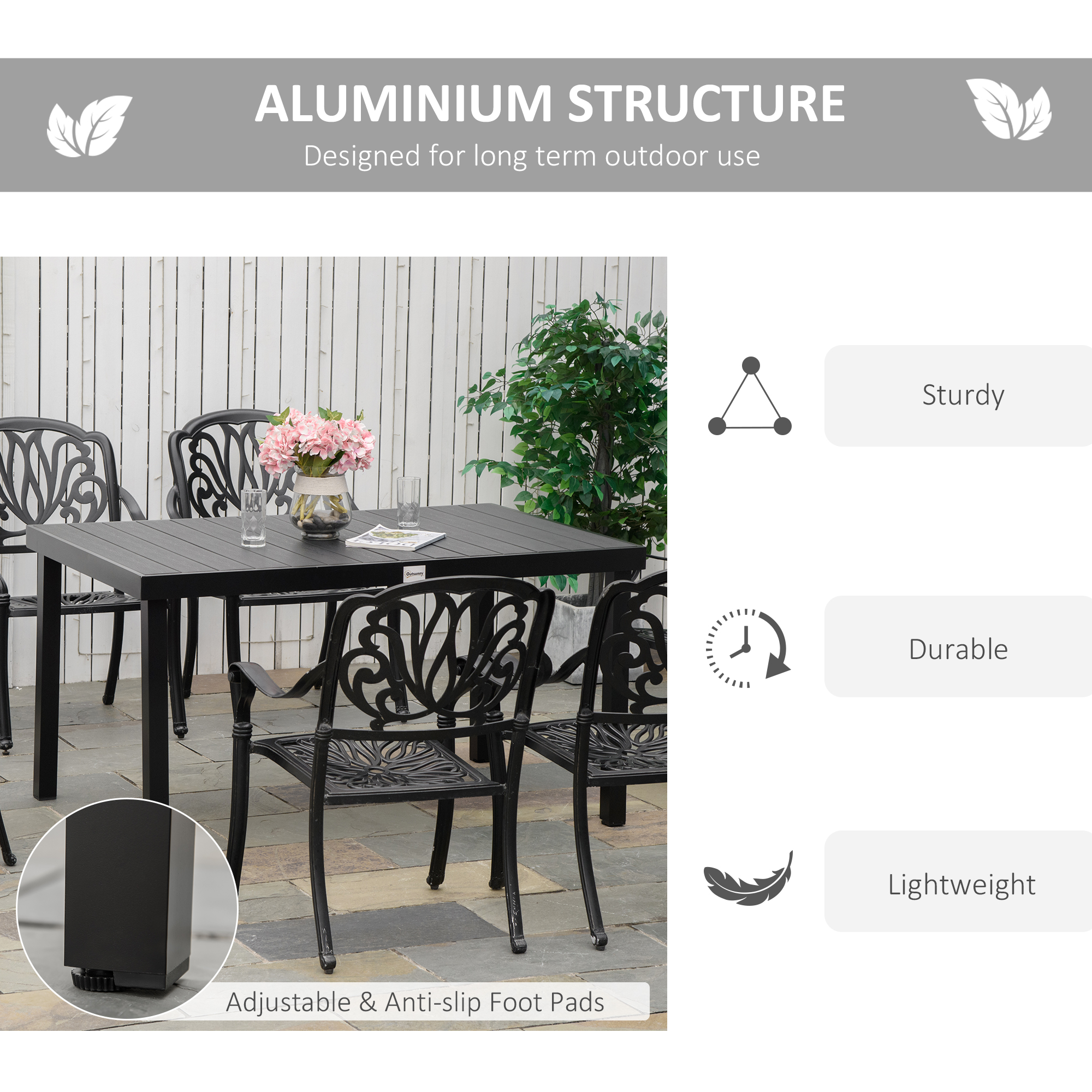 Outsunny Patio Dining Table For 6, Rectangular Aluminum Outdoor Table For Garden Lawn Backyard, Black , Aosom Canada