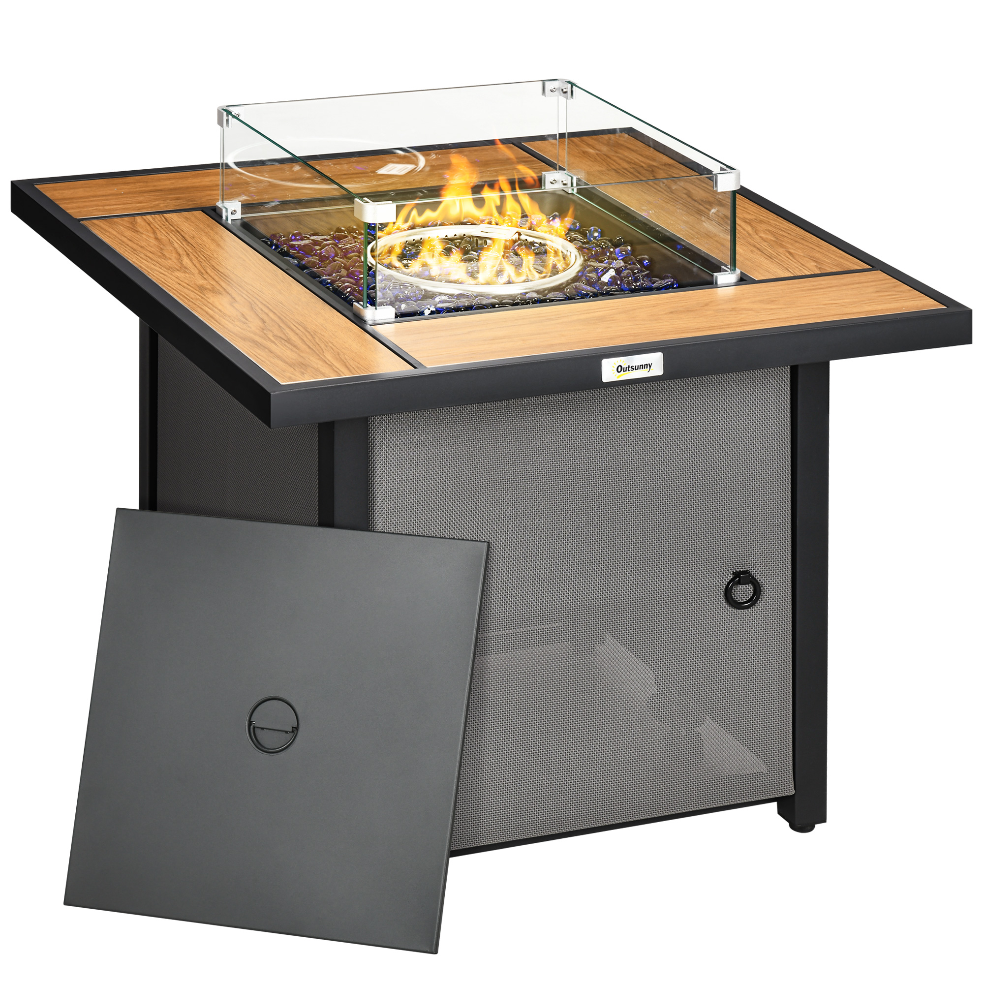 Outsunny 31.5" Outdoor Gas Fire Pit Table with Lid, 50,000 BTU Fire Table with Pulse Ignition, Glass Rocks, Glass Wind Guard, and Waterproof