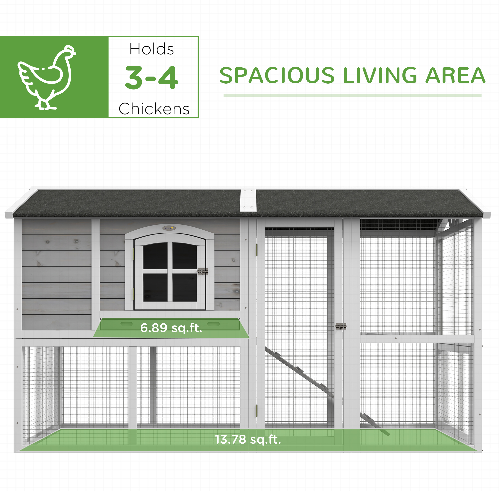 PawHut Wooden Chicken Coop With Run For 3-4 Chickens, Hen House With Nesting Box & Removable Tray, Outdoor Poultry Cage, 77.5 X 32.5 X 46, Gray