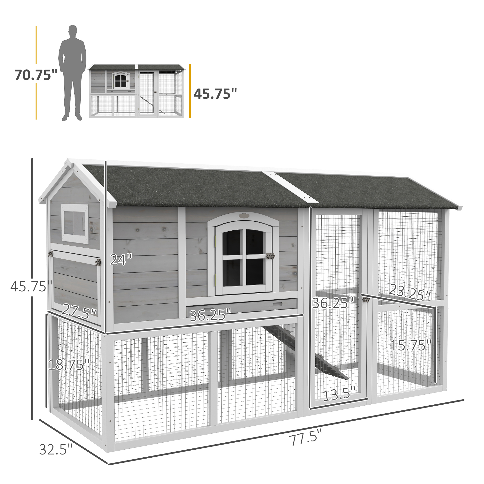 PawHut Wooden Chicken Coop With Run For 3-4 Chickens, Hen House With Nesting Box & Removable Tray, Outdoor Poultry Cage, 77.5 X 32.5 X 46, Gray