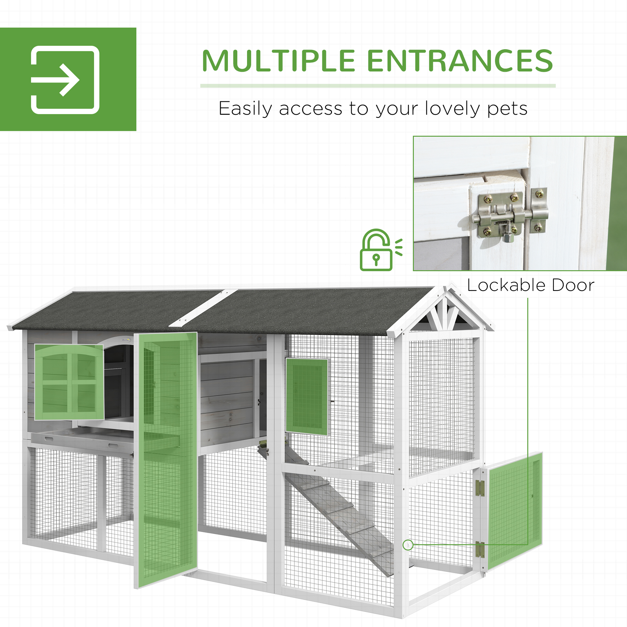 PawHut Wooden Chicken Coop With Run For 3-4 Chickens, Hen House With Nesting Box & Removable Tray, Outdoor Poultry Cage, 77.5 X 32.5 X 46, Gray