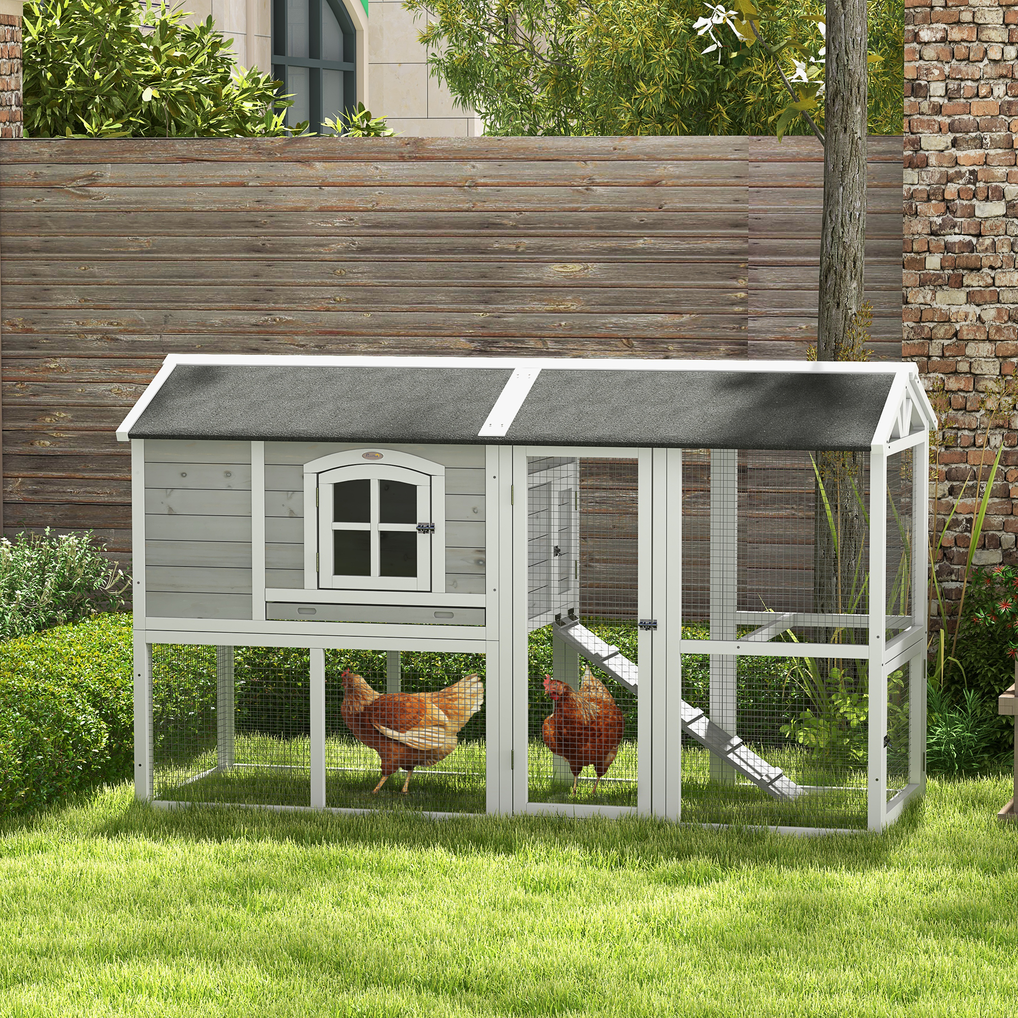 PawHut Wooden Chicken Coop With Run For 3-4 Chickens, Hen House With Nesting Box & Removable Tray, Outdoor Poultry Cage, 77.5 X 32.5 X 46, Gray