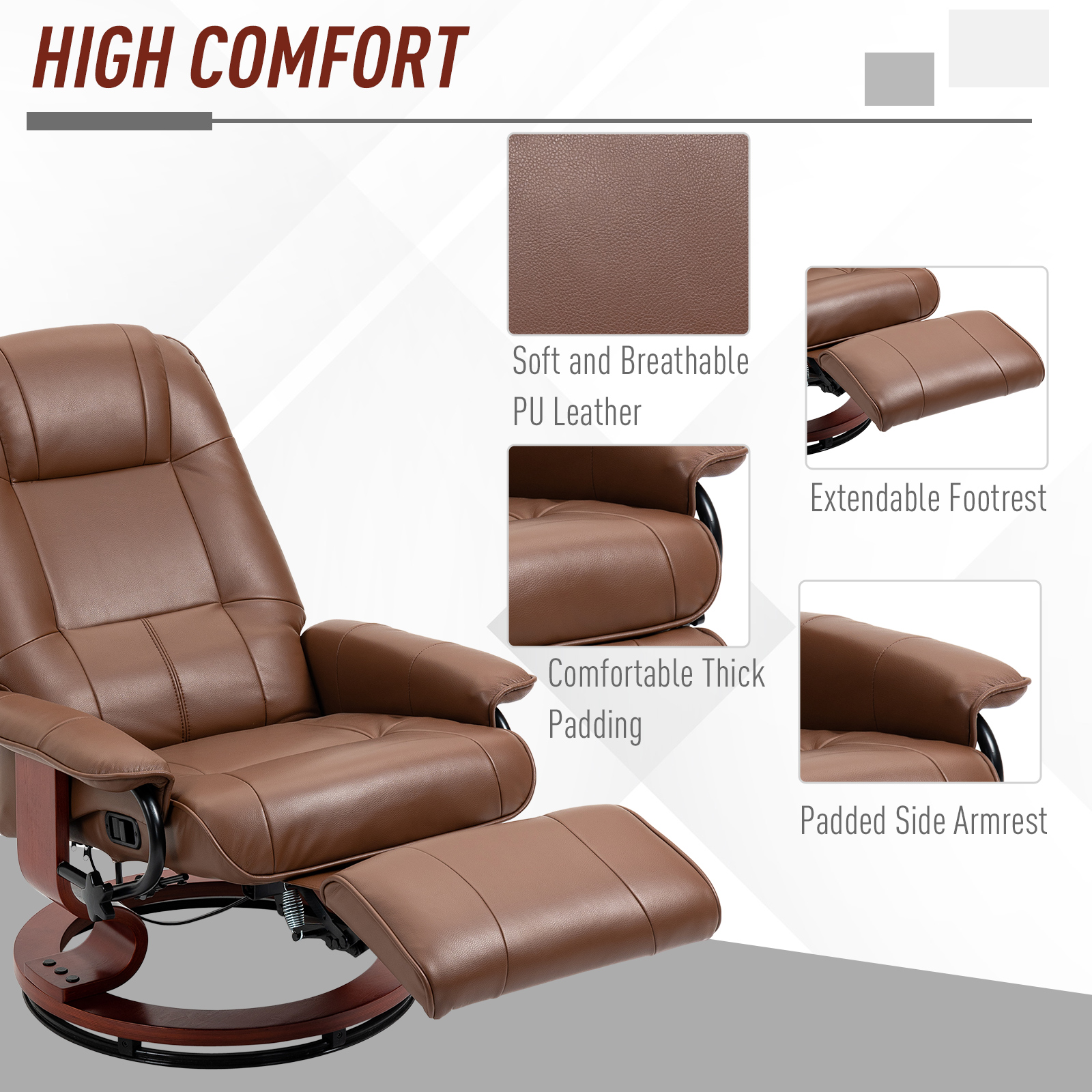HOMCOM Faux Leather Manual Recliner Chair, Adjustable Swivel Lounge Chair with Footrest, Armrest and Wrapped Wood Base for Living Room, Brown 4