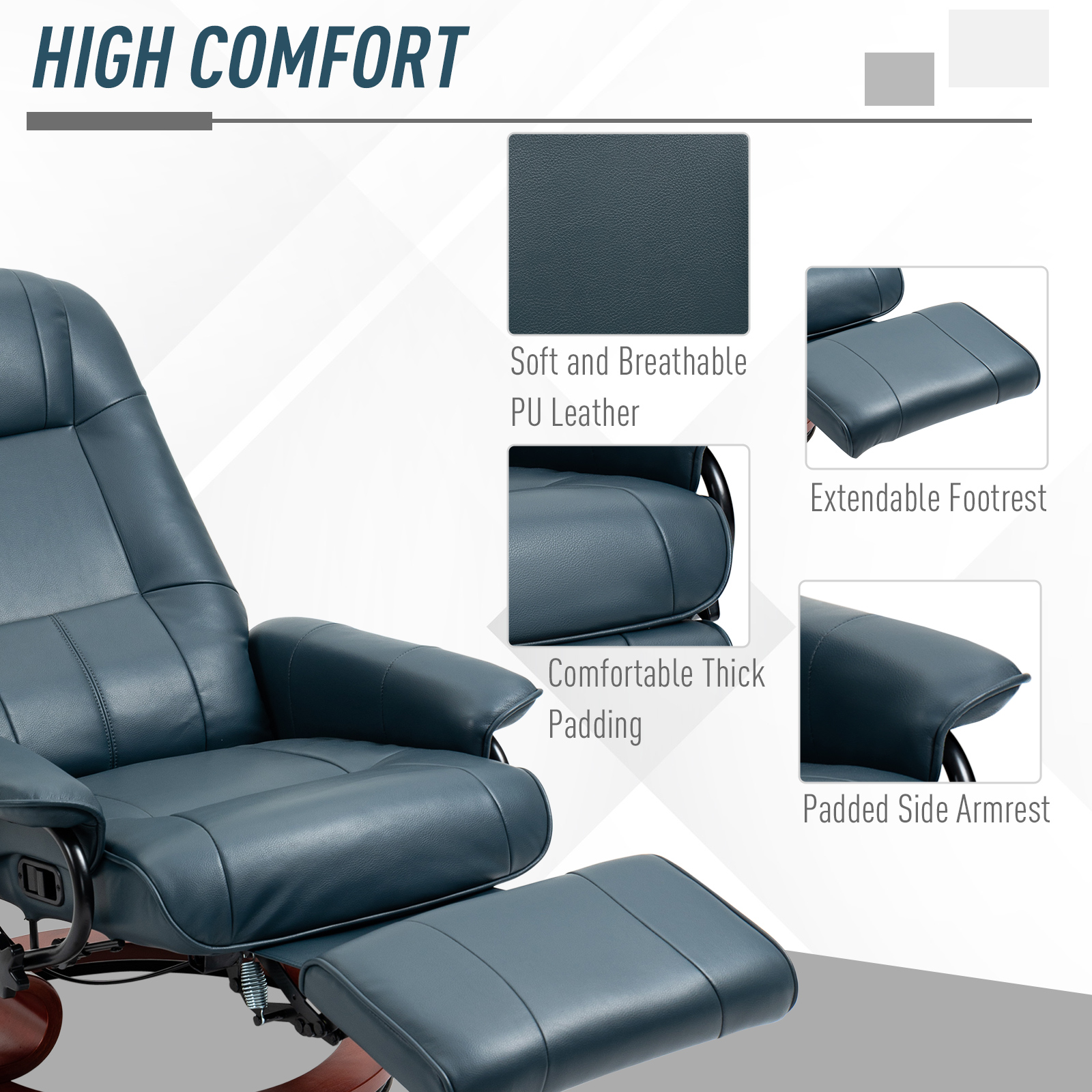 HOMCOM Lounging Luxury: Blue Faux Leather Swivel Recliner with Adjustable Footrest | Aosom.com 4