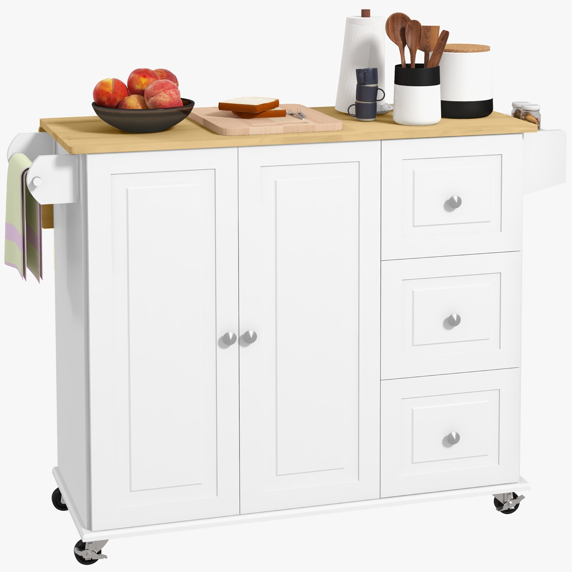 HOMCOM Kitchen Island on Wheels with Drop Leaf, Rolling Kitchen Cart with 3 Drawers, Cabinet, Natural Wood Top, Spice Rack and Towel Rack, White