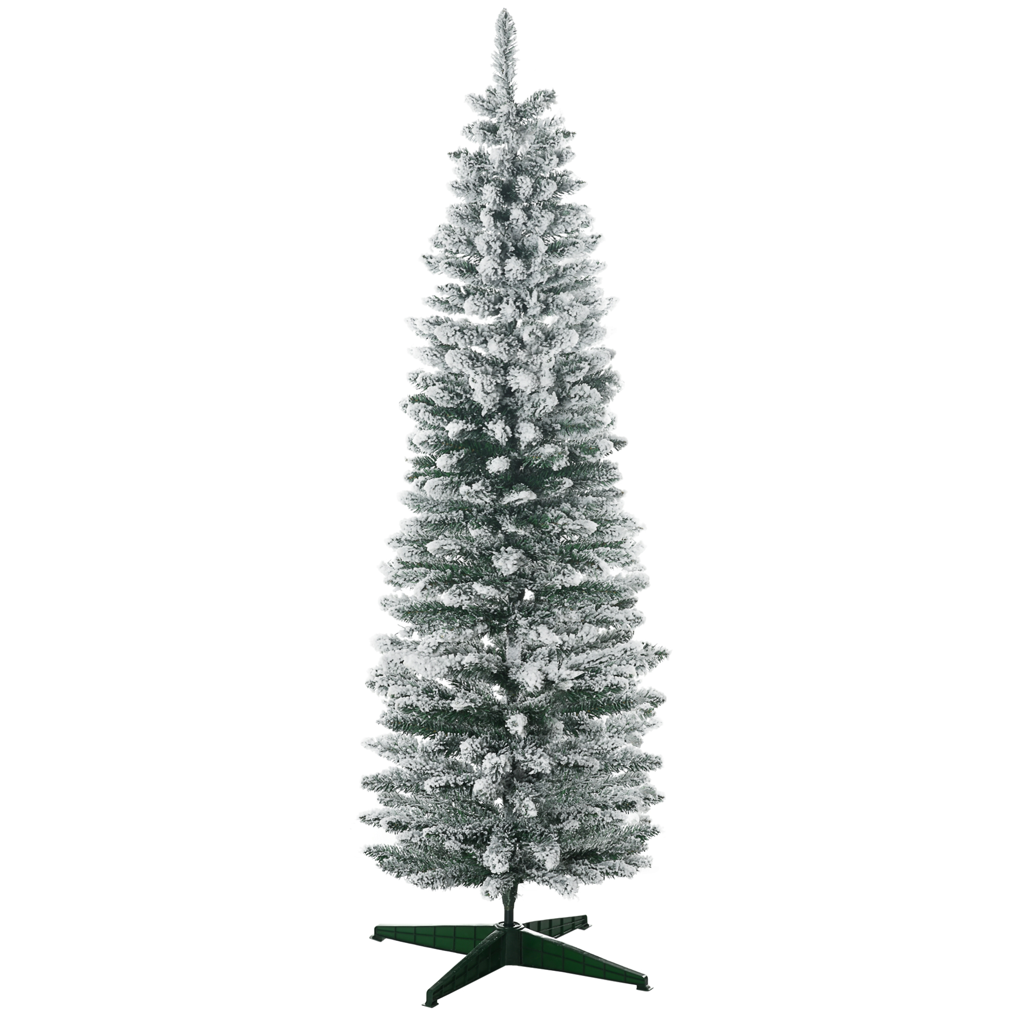 HOMCOM 6&#039; Snow Flocked Artificial Pencil Christmas Tree, Slim Xmas Tree with Realistic Branches &amp; Plastic Base Stand for Indoor Decoration, Green