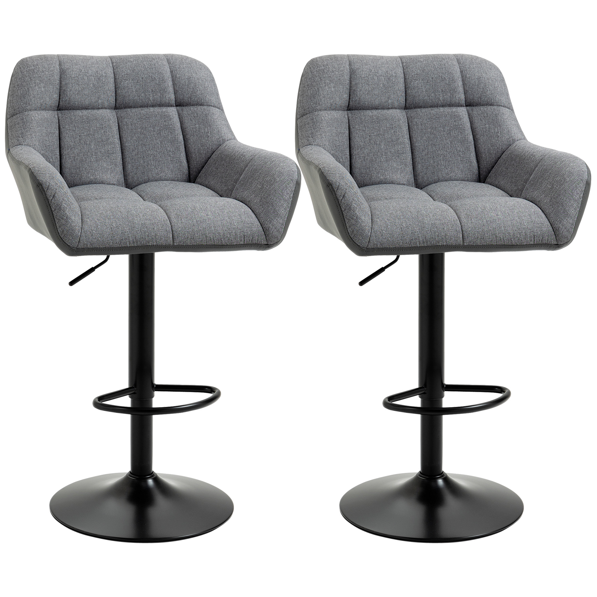 HOMCOM Modern Adjustable Bar Stools Set Of 2, Swivel Tufted Fabric Barstools With Footrest, Armrests And PU Leather Back, Grey , Aosom Canada