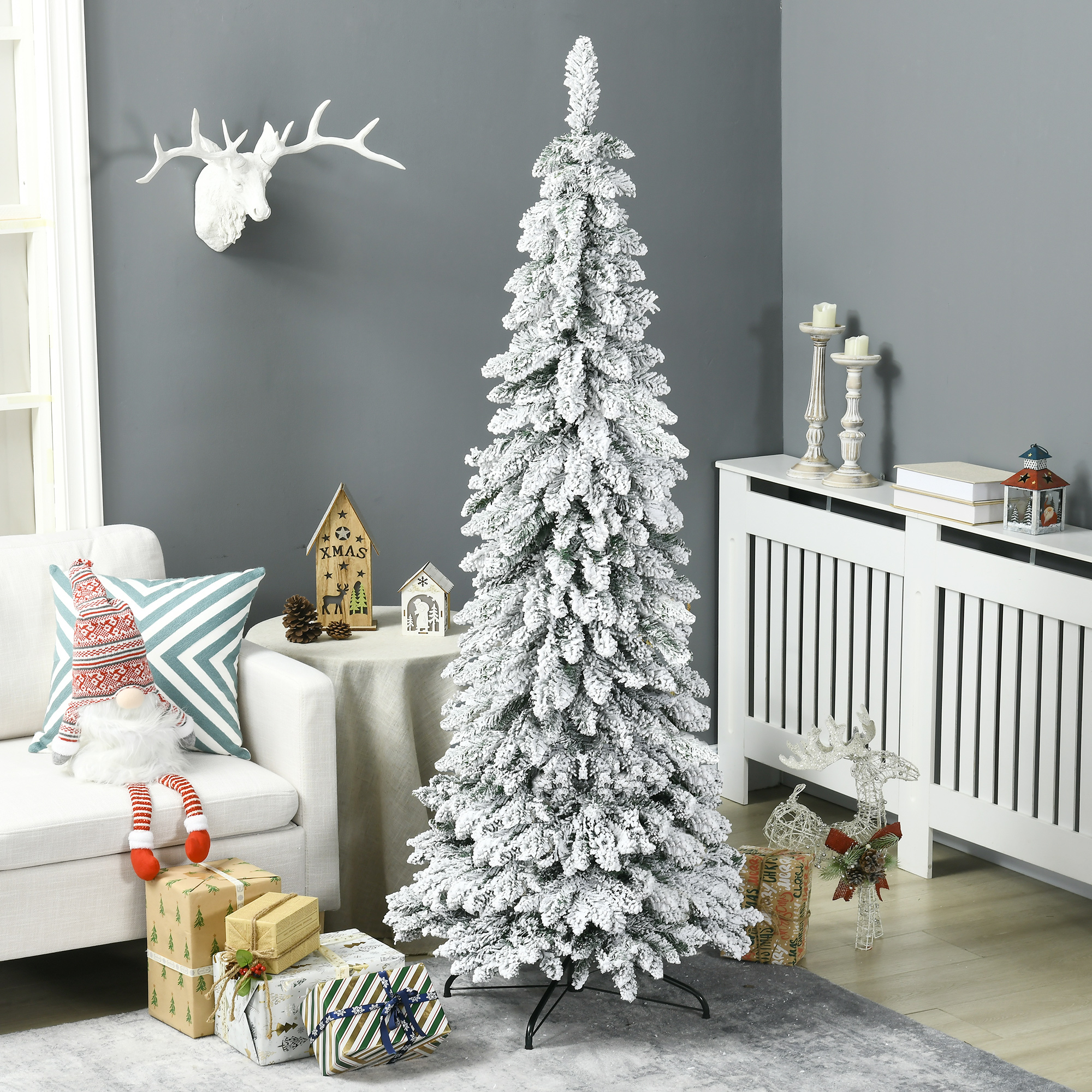 6' Artificial Slim Flocked Christmas Trees, with Snow Frosted