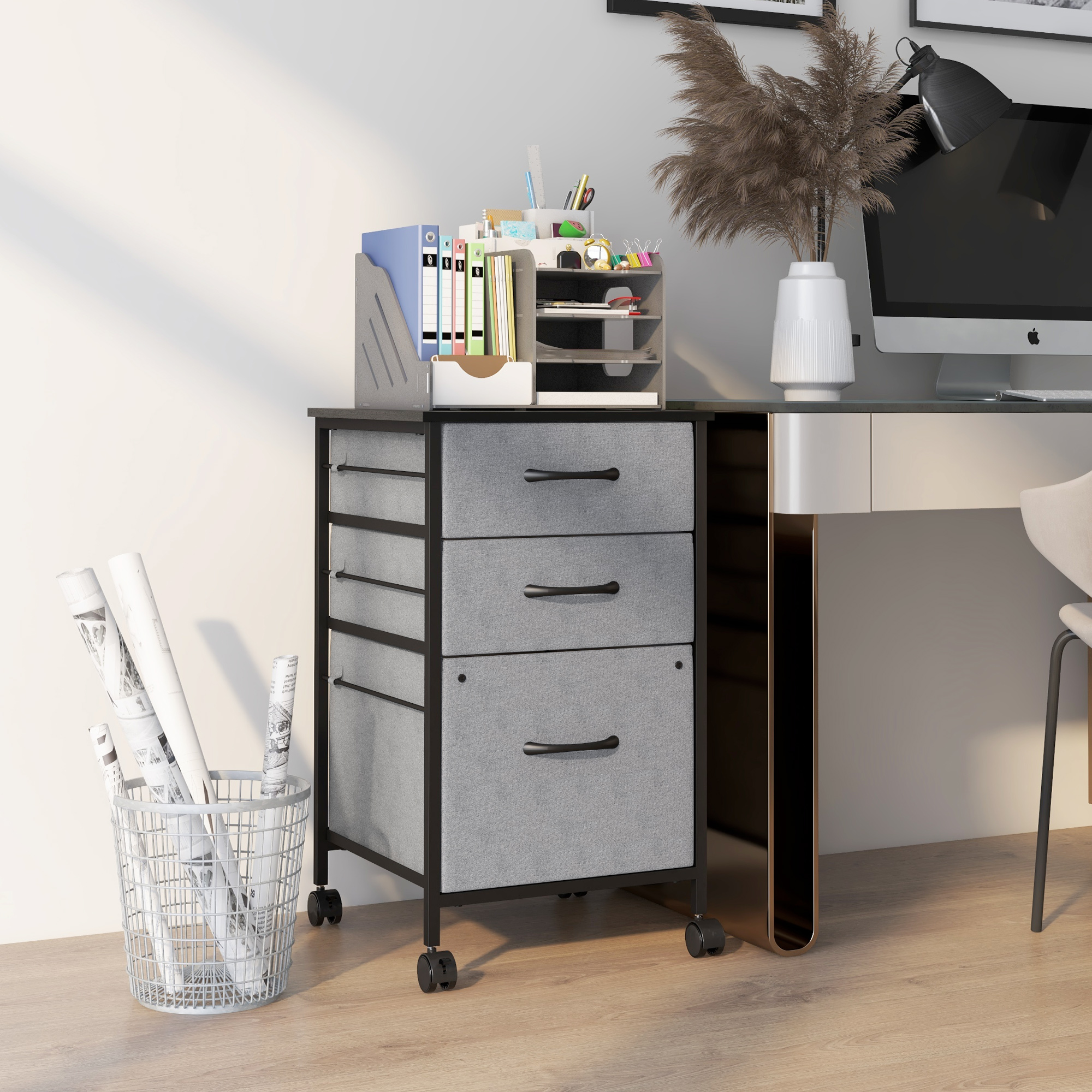 Vinsetto 42.5" Tall Vertical Filing Cabinet With 2 Drawers & Open Shelf – Industrial Printer Stand For Home Office, Distressed Grey