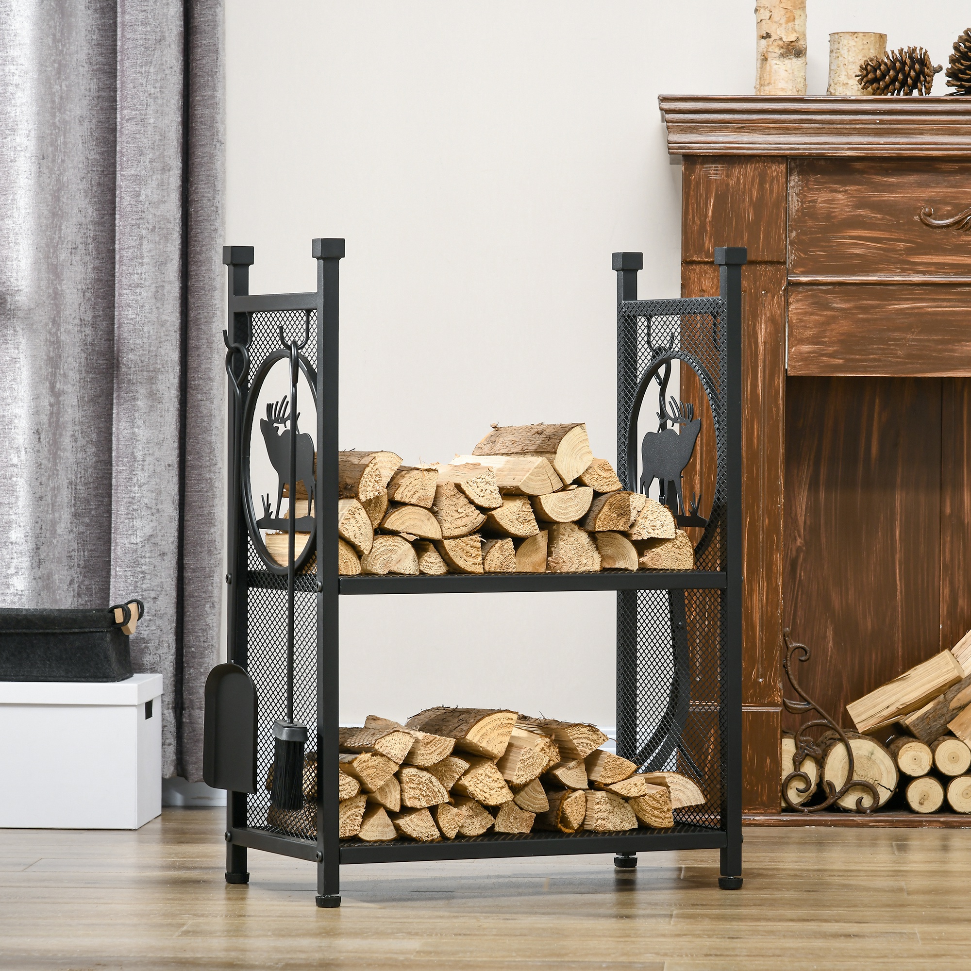 Outsunny 2-Tier Firewood Rack with Shovel, Broom, Poker, Tongs, Side ...