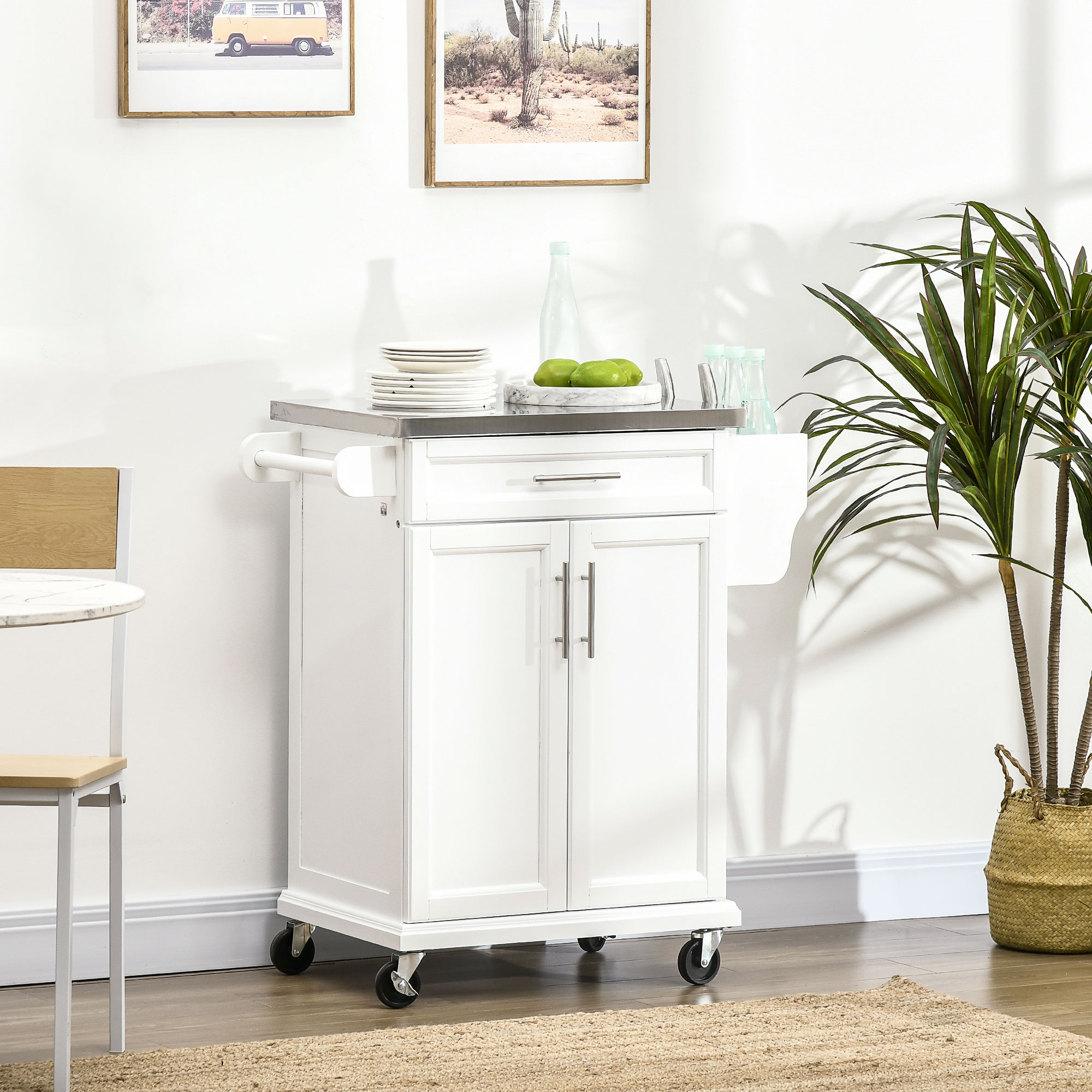 Rolling Kitchen Island With Storage, Portable Kitchen Cart With Stainless Steel Top, 2 Drawers, Spice, Knife And Towel Rack And Cabinets One Allium